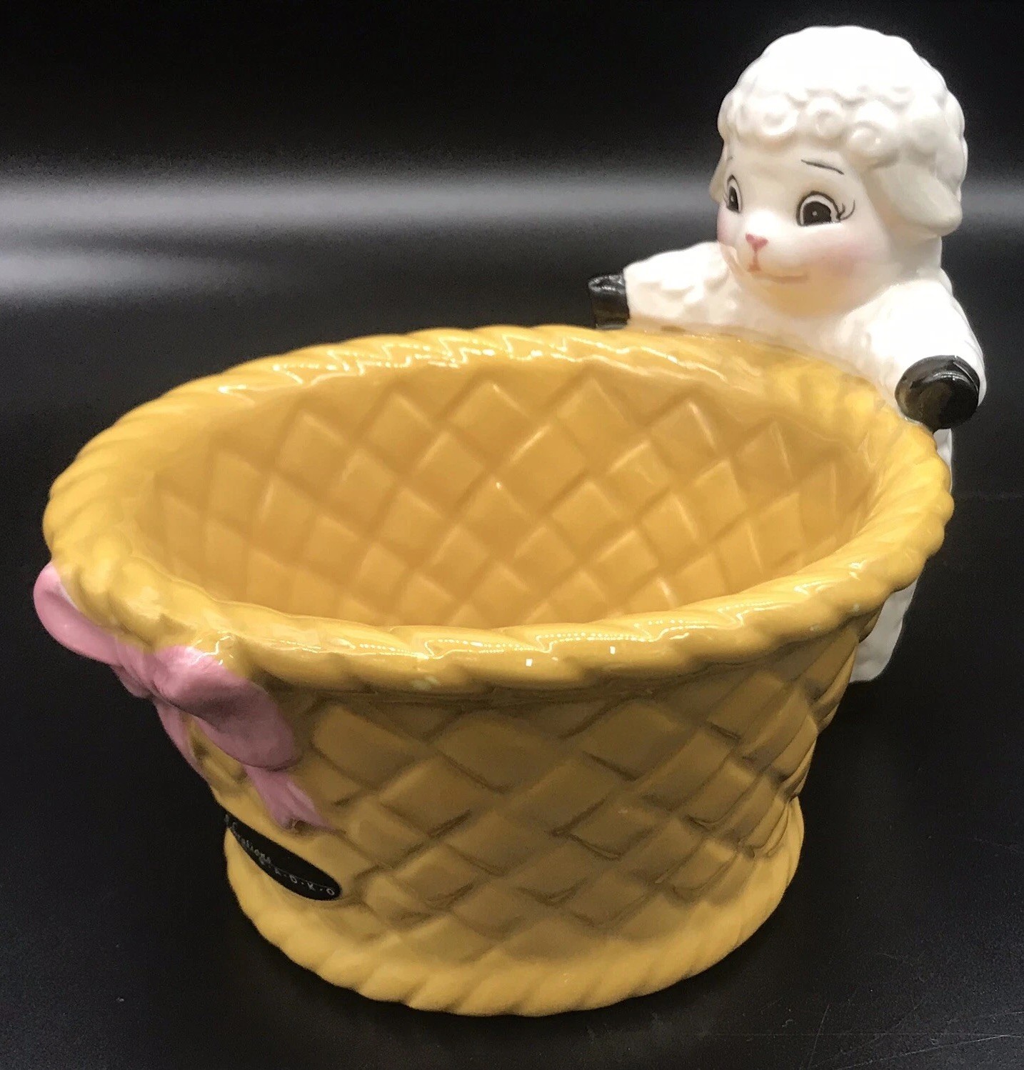 Celebrations Radko Bright Yellow Ceramic Basket Bowl w/Lamb Sheep Planter Easter
