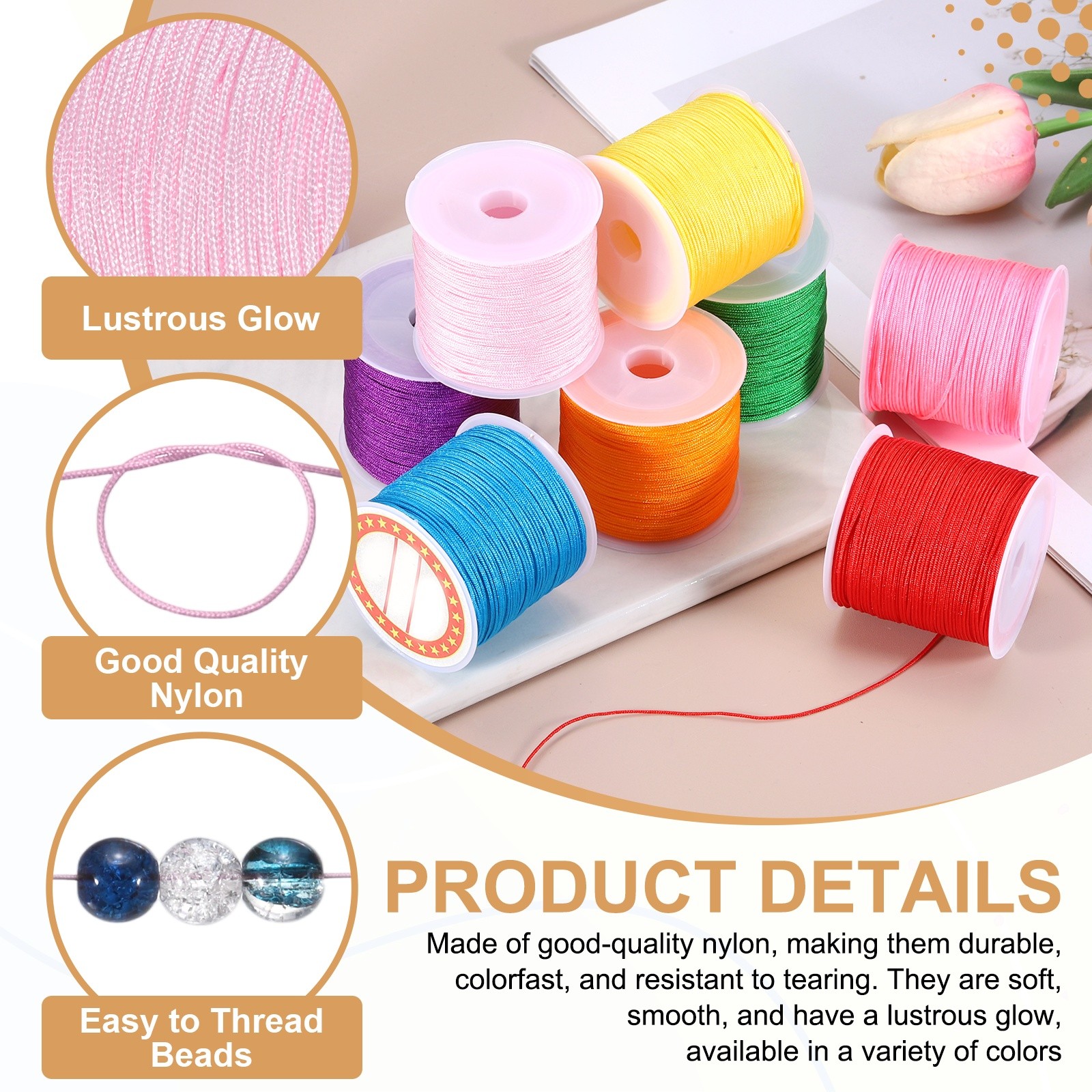 2 pcs 0.8mm String for Bracelets, 44 Yards Beading Thread(Light Pink)