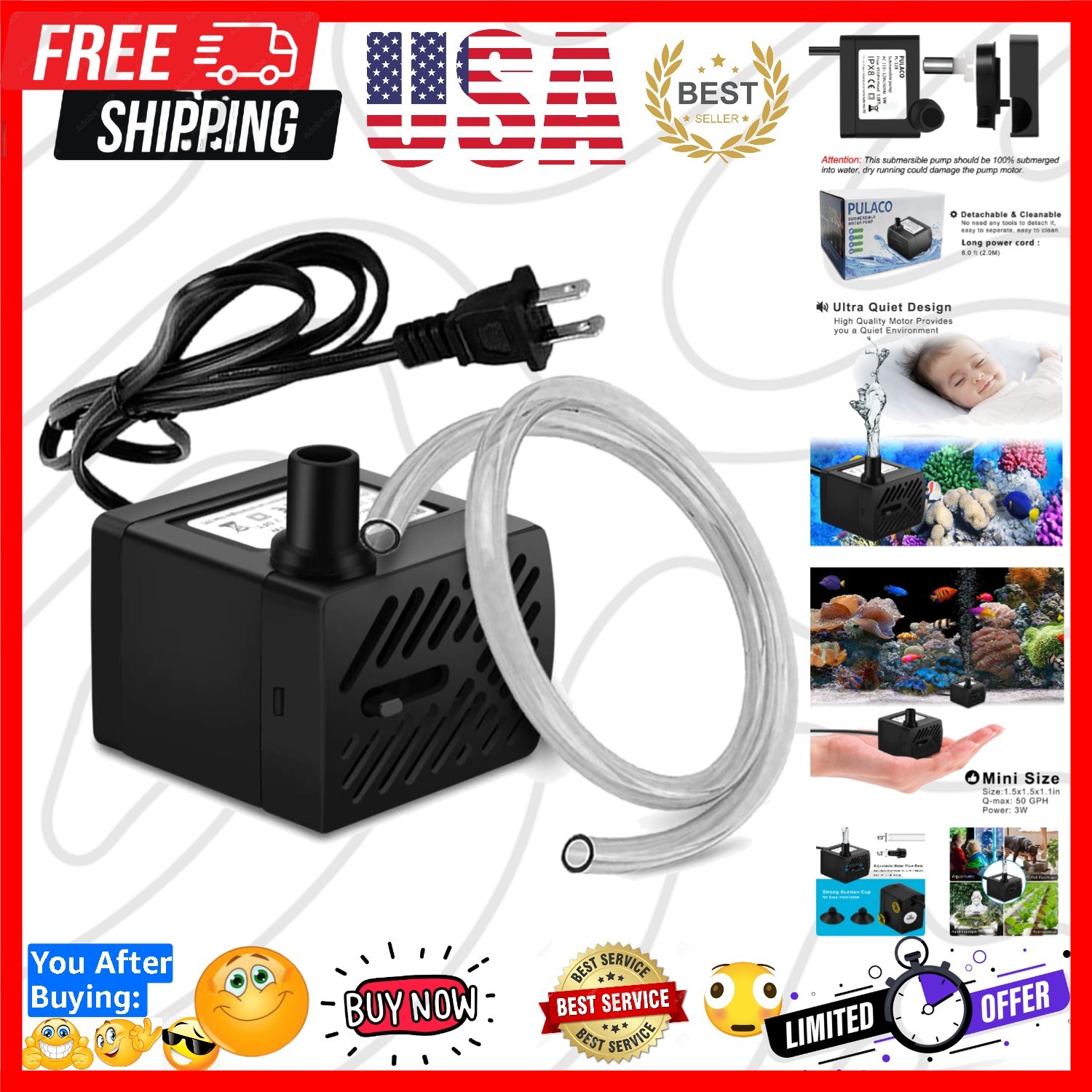 50GPH 3W Mini Submersible Water Pump with 3.3 FT Tubing for Aquariums, Fish T...