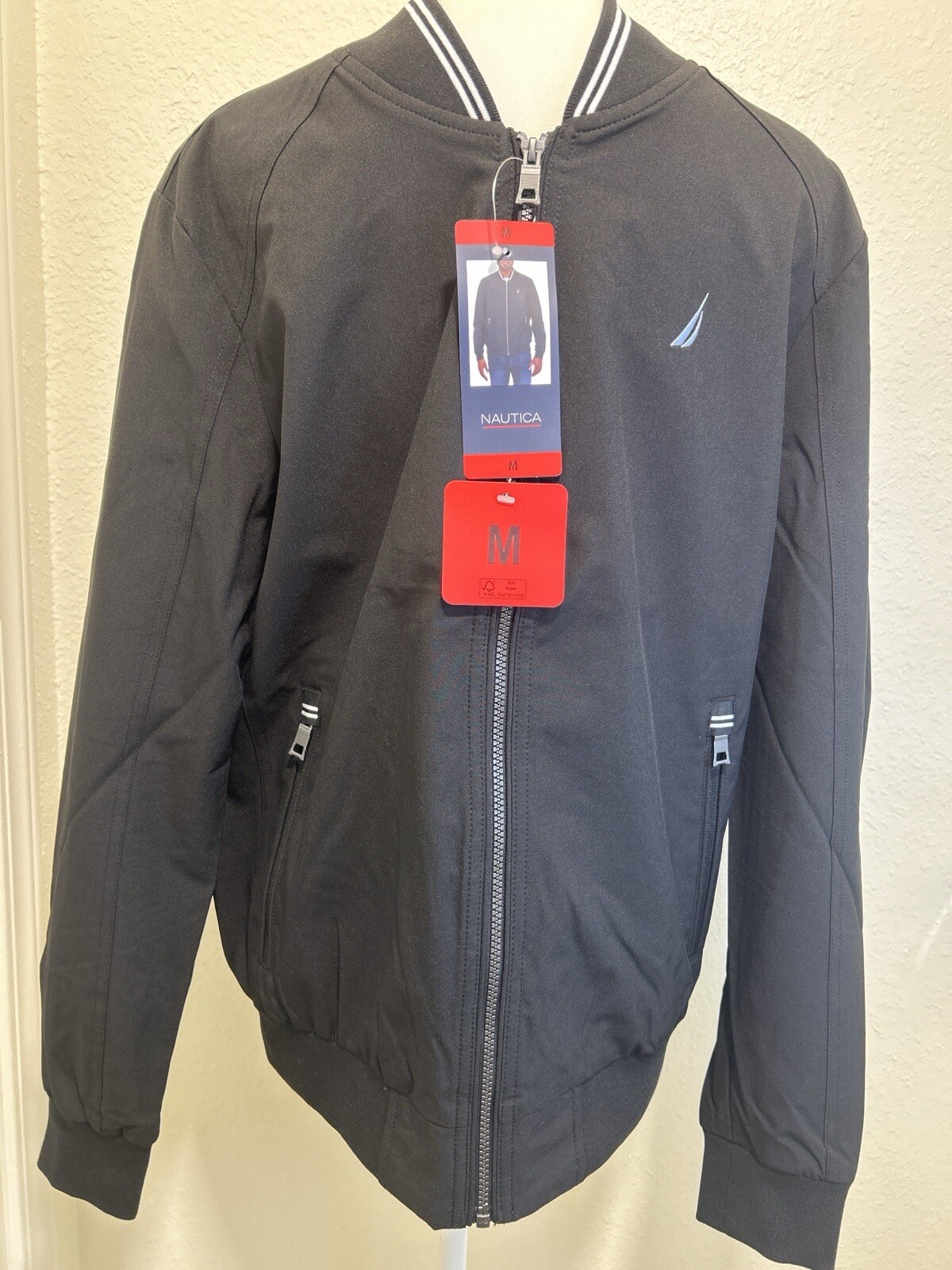 Nautica Men’s Bomber Jacket, Lightweight, Black, Size Med, Stretch Water Resist