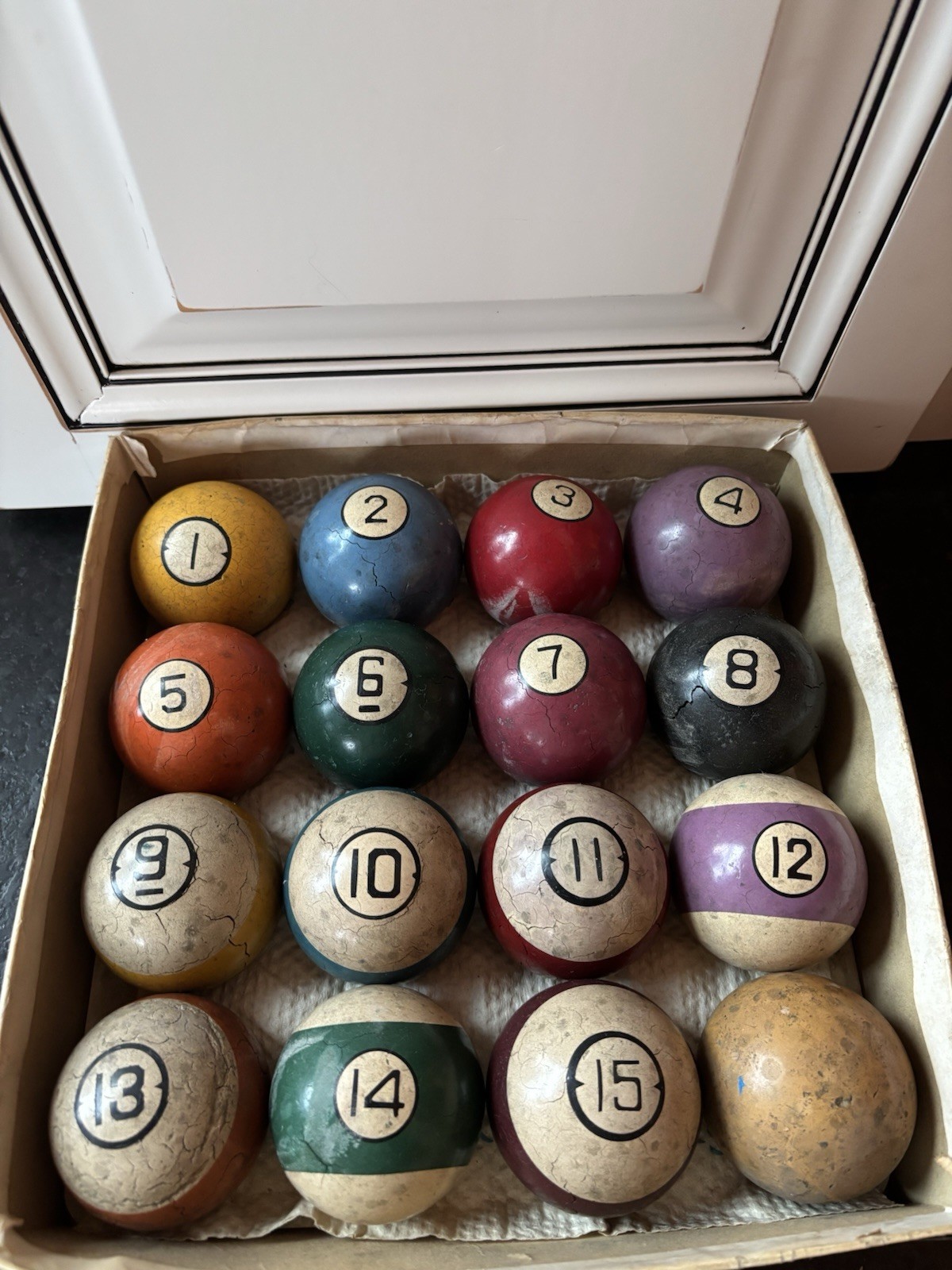Vintage Complete Set of 16 Billiard Balls w/ Box, Numbered 1-15 + Cue Ball