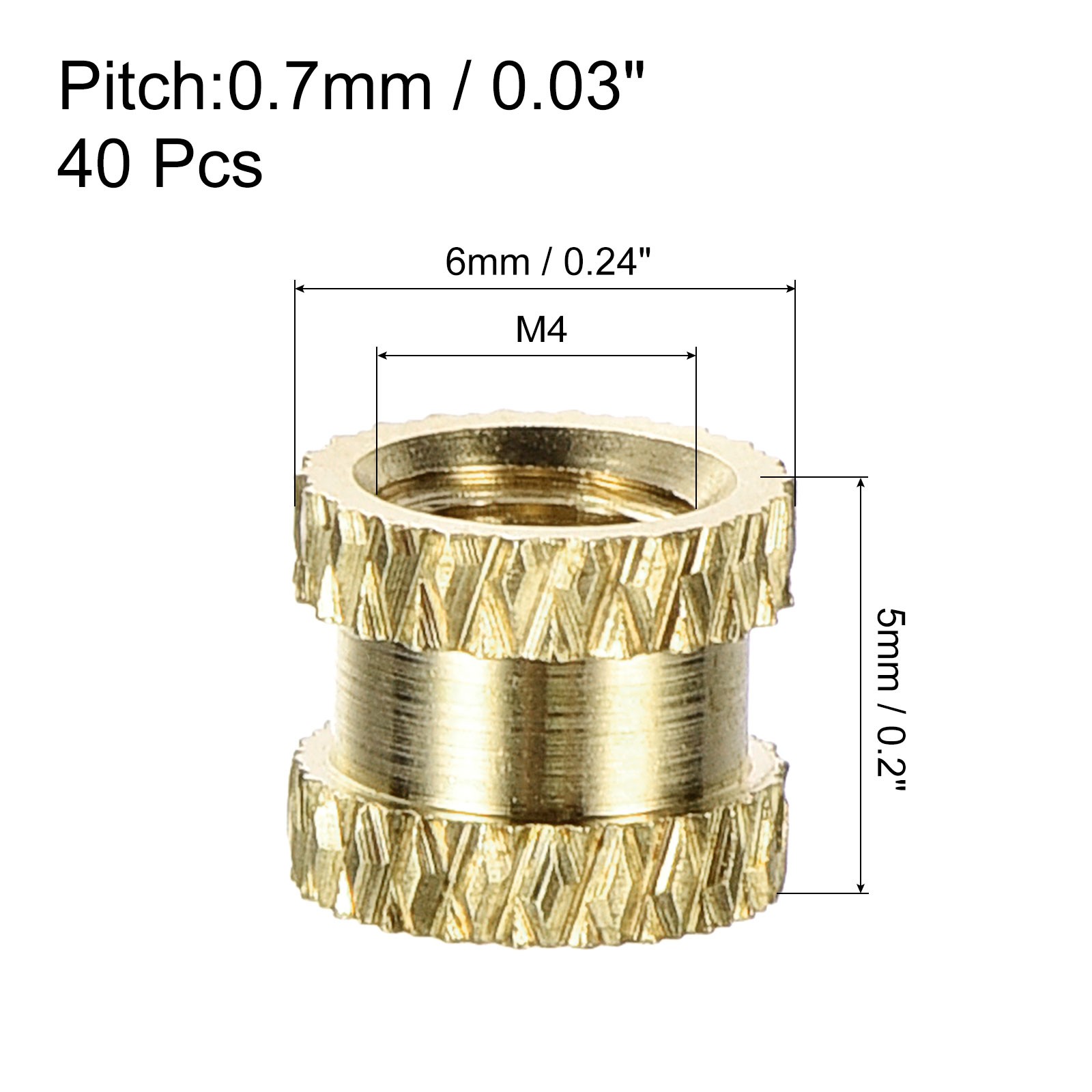 40Pcs Knurled Insert Nuts, M4x5mm(L)x6mm(OD) Brass Female Threaded Inserts