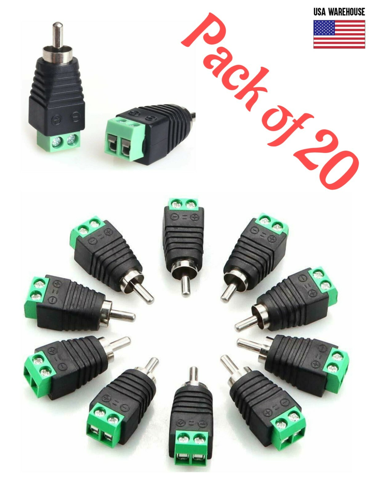20pcs of Speaker Wire Cable to Audio RCA Male Connector Adapter Jack Plug