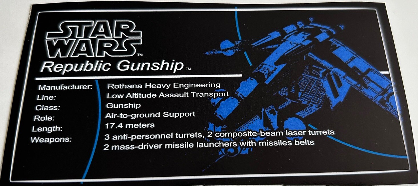 Star Wars UCS Display Sticker for Lego 75309 Republic Gunship Replacement