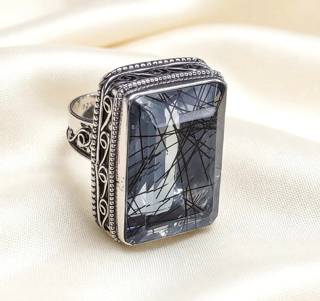 925 Sterling Silver Blue Rutile Gemstone Beautiful Handmade Woman Gift Ring