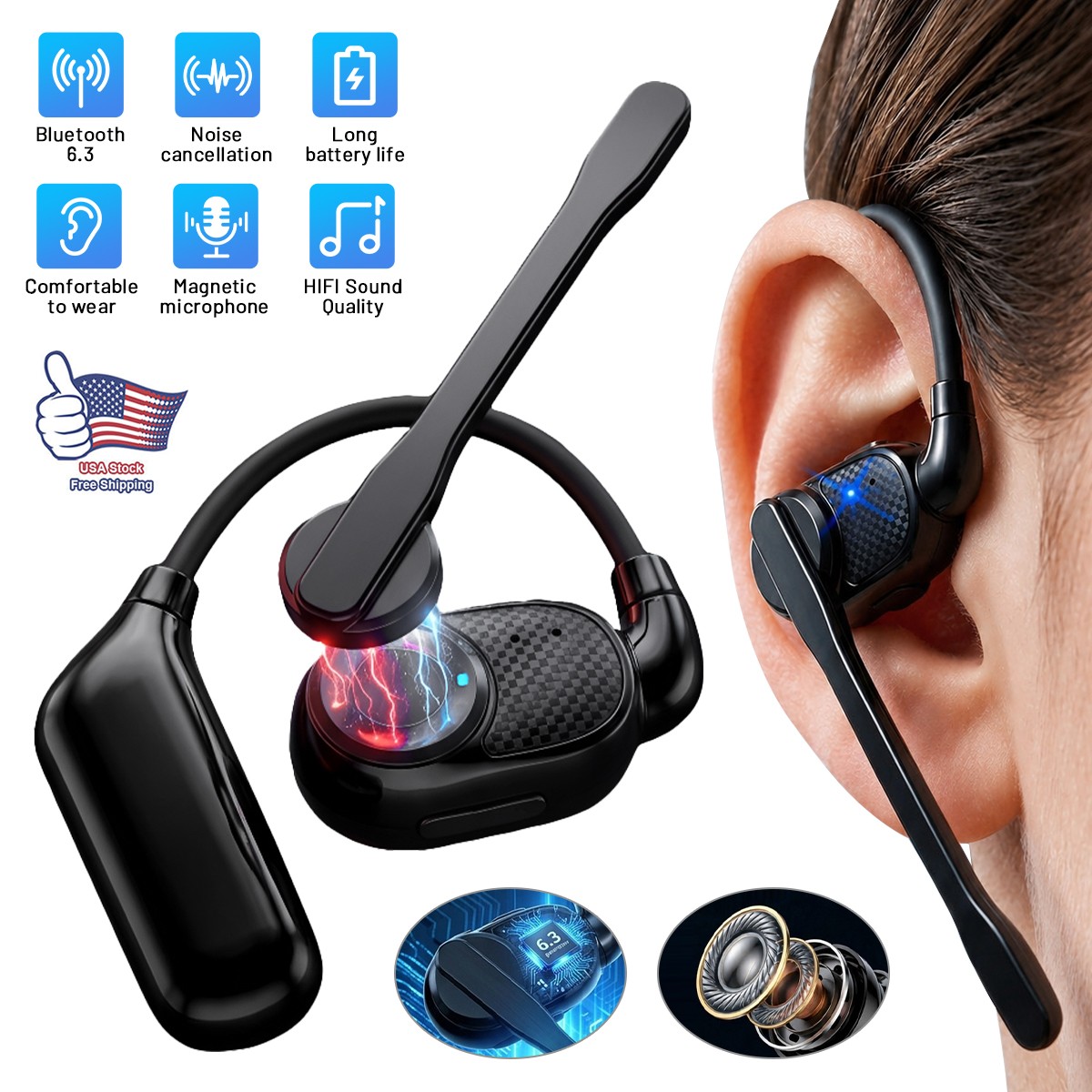 Wireless Trucker Earpiece Bluetooth 6.3 Headset Dual Mic Noise Cancelling Earbud