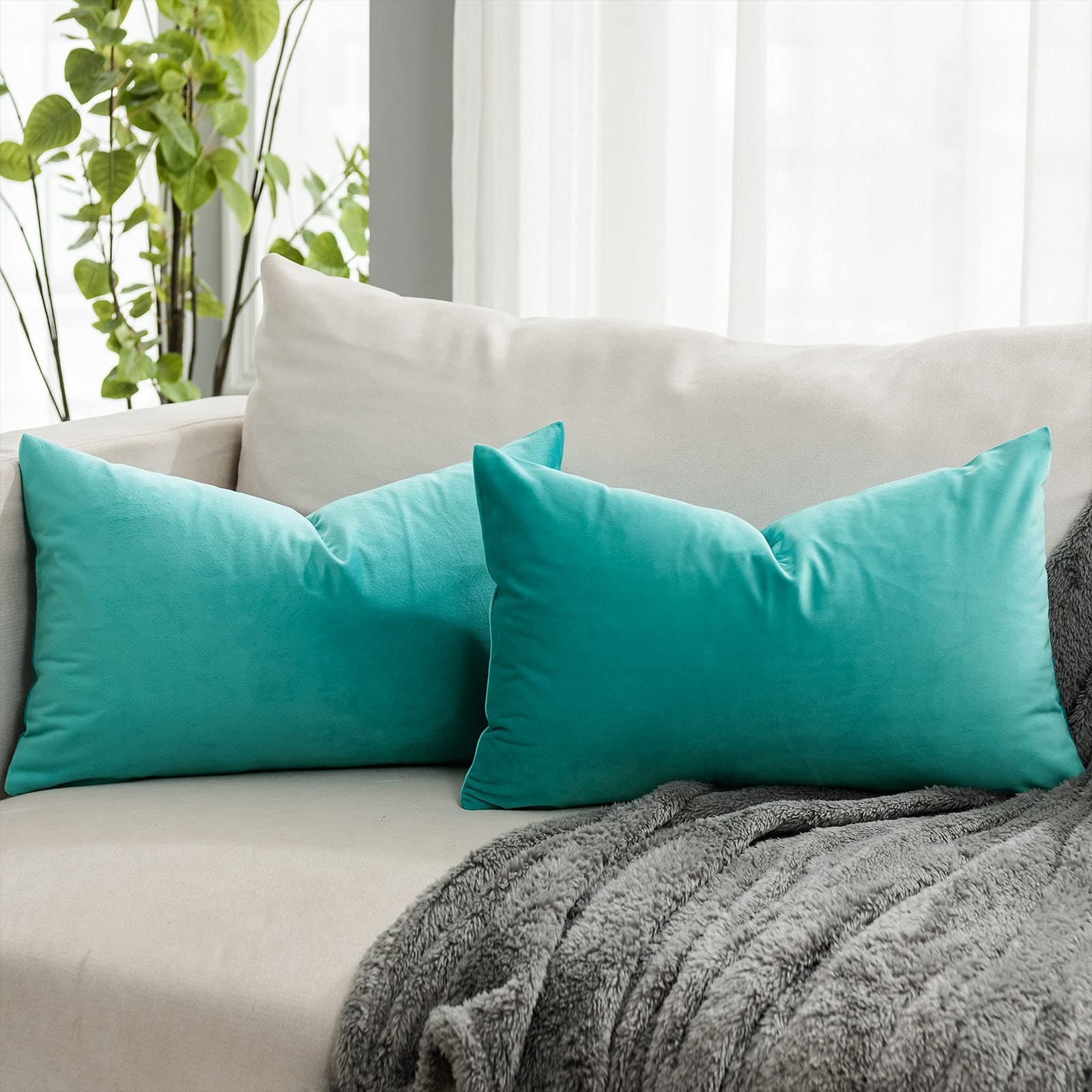 QUAFOO Turquoise Decorative Lumbar Velvet 20" x 12" (Pack of 2),