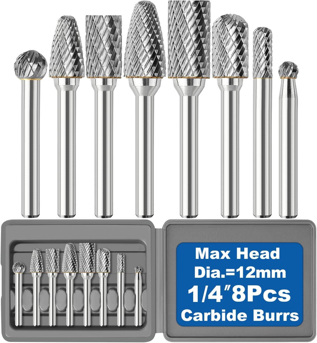 8Pcs Carbide Burr Set 1/4 Shank w/Grey Flat Box Max Head Dia 12mm Die Grinder...