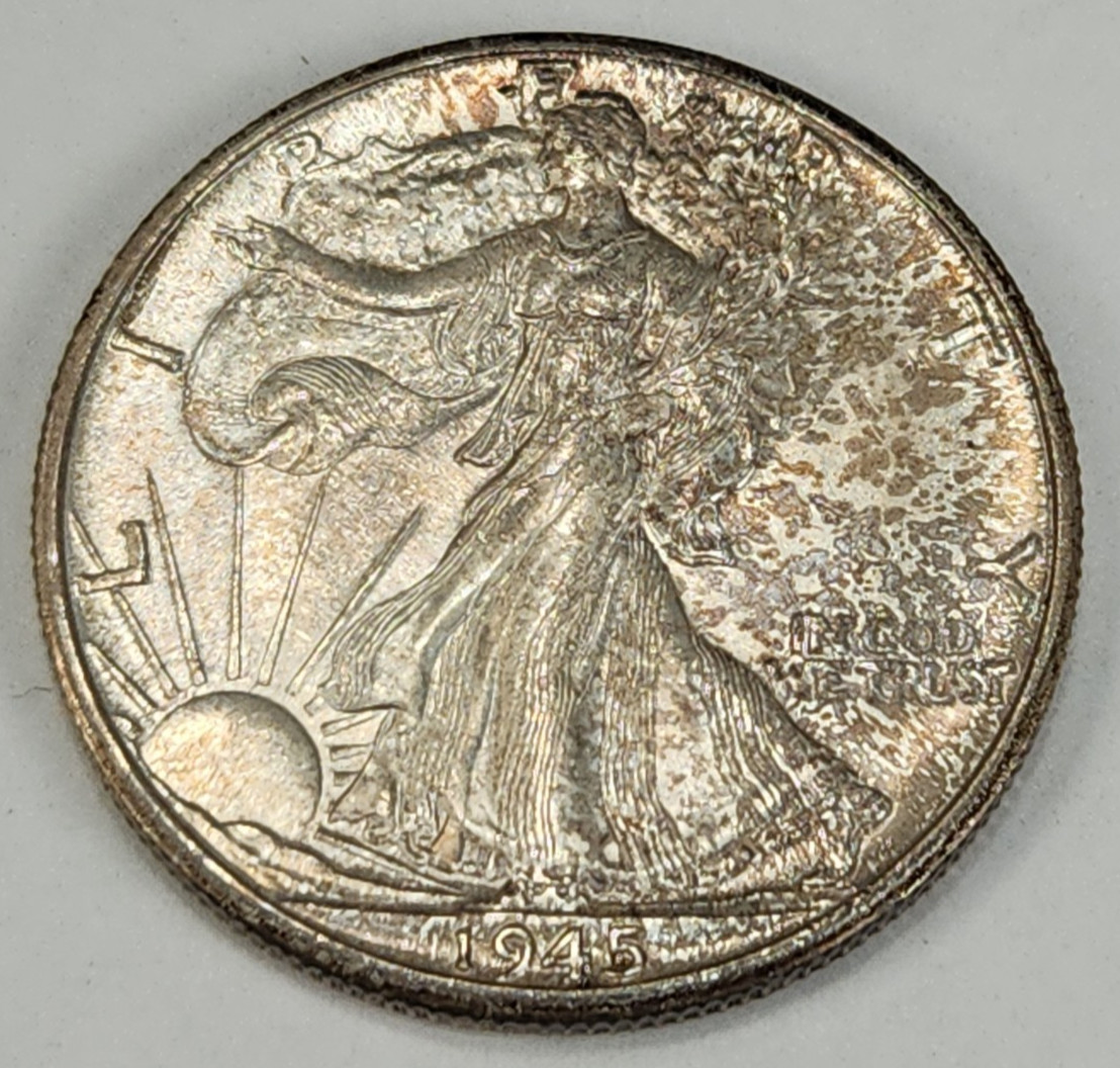 1945 D Walking Liberty Half Dollar  Almost Uncirculated  Toning 90% Silver AU