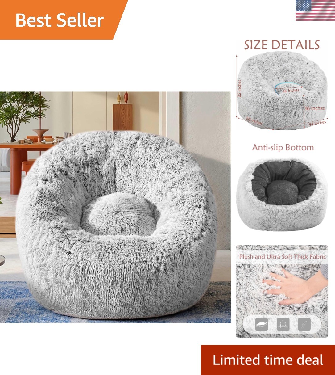 Bean Bag Chair Microfiber Faux Fur Comfort Lounge Chair for All Ages 3 Foot