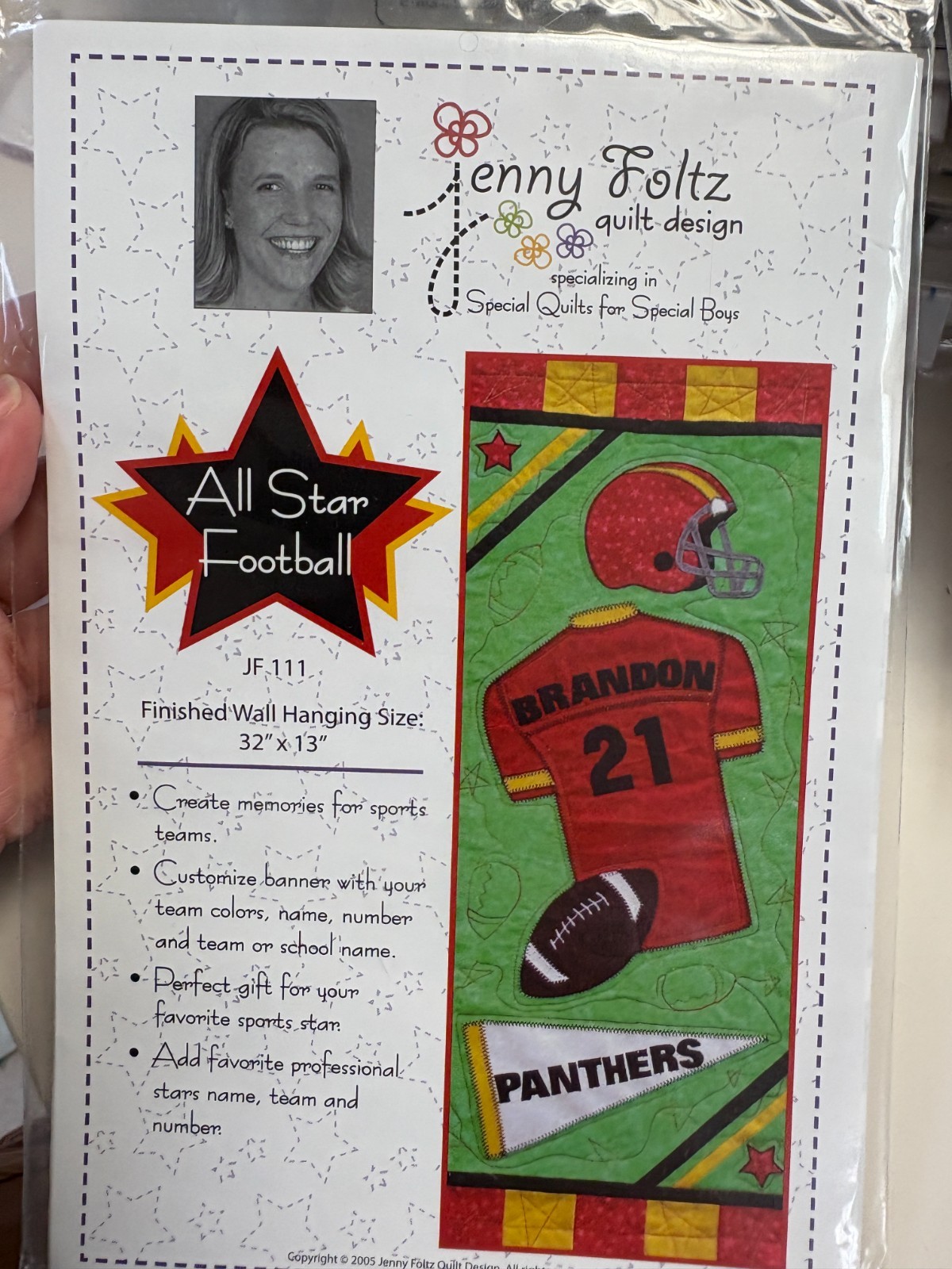 ALL STAR FOOTBALL wall quilt pattern, Applique, 32x13"