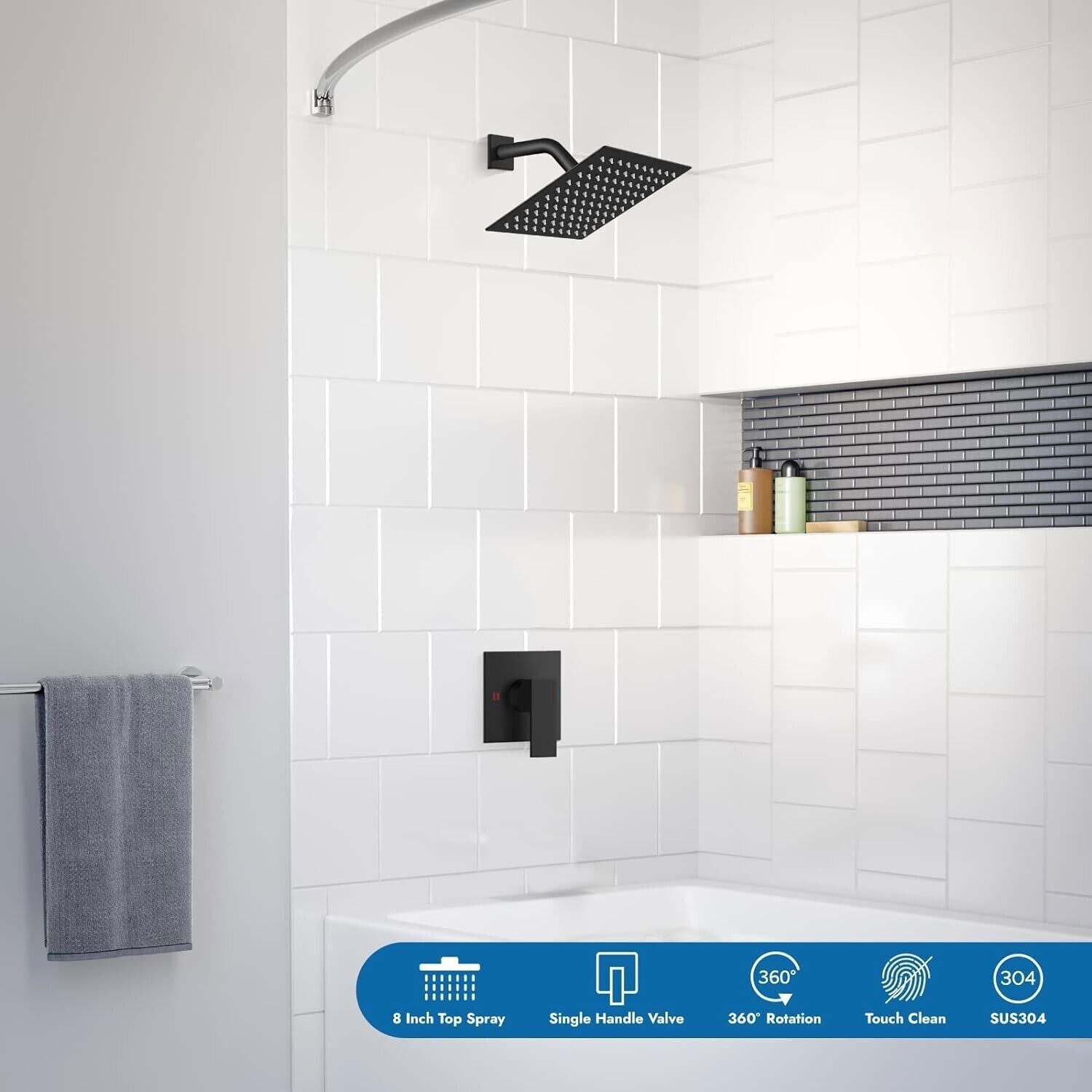 Black Shower Faucet Set 8"Rainfall Shower Head Combo System with Mixer Valve Kit