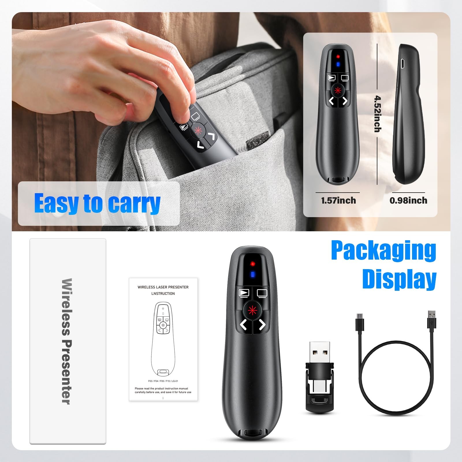 USB C Presentation Clicker Wireless Presenter Remote Rechargeable RF 2.4GHz
