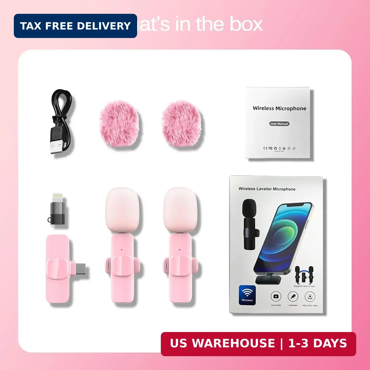 Pink Wireless Lavalier Microphone for iPhone & Android - Mini Clip-On Mic with N