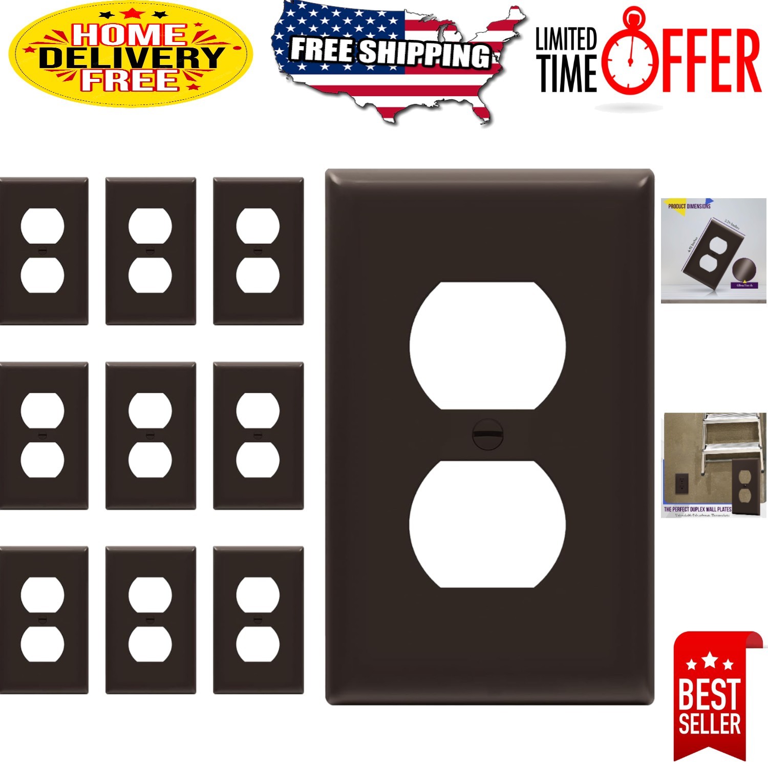 10 Unbreakable Brown Duplex Wall Plates with Gloss Finish - Perfect Home Upgrade