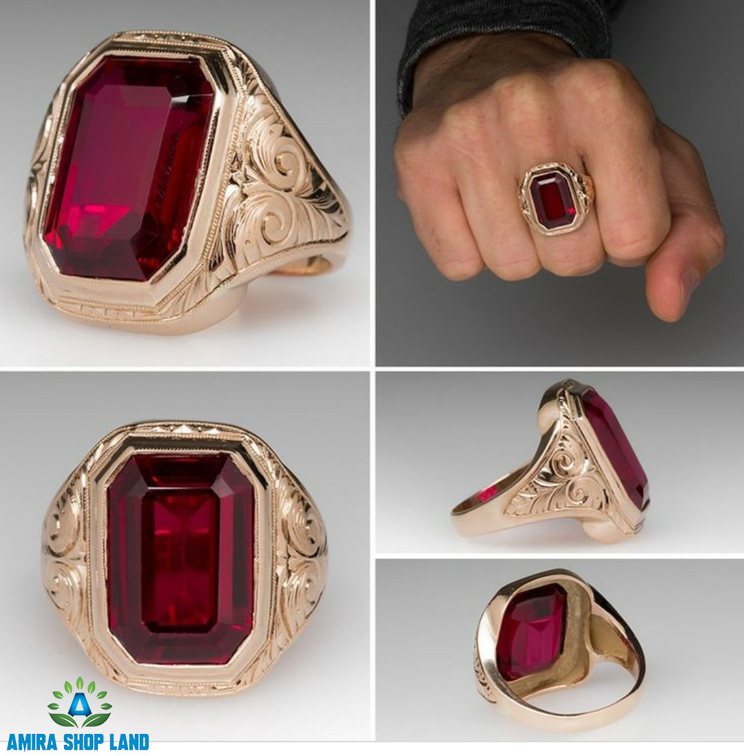 Red Rose 18K Gold Plated Ring Vintage Geometric Gem Zircon For Men and Women