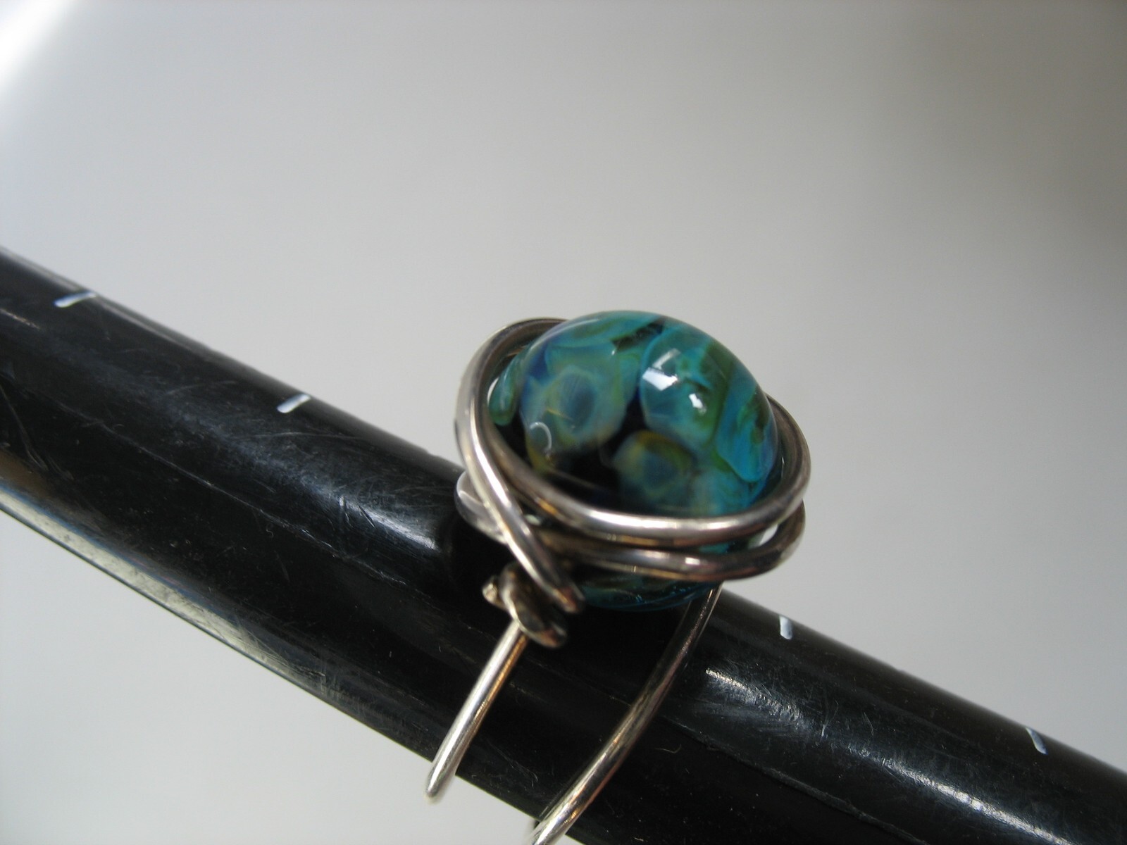 Handmade Silver wire wrap ring Green blue aqua round bead 6 1/2