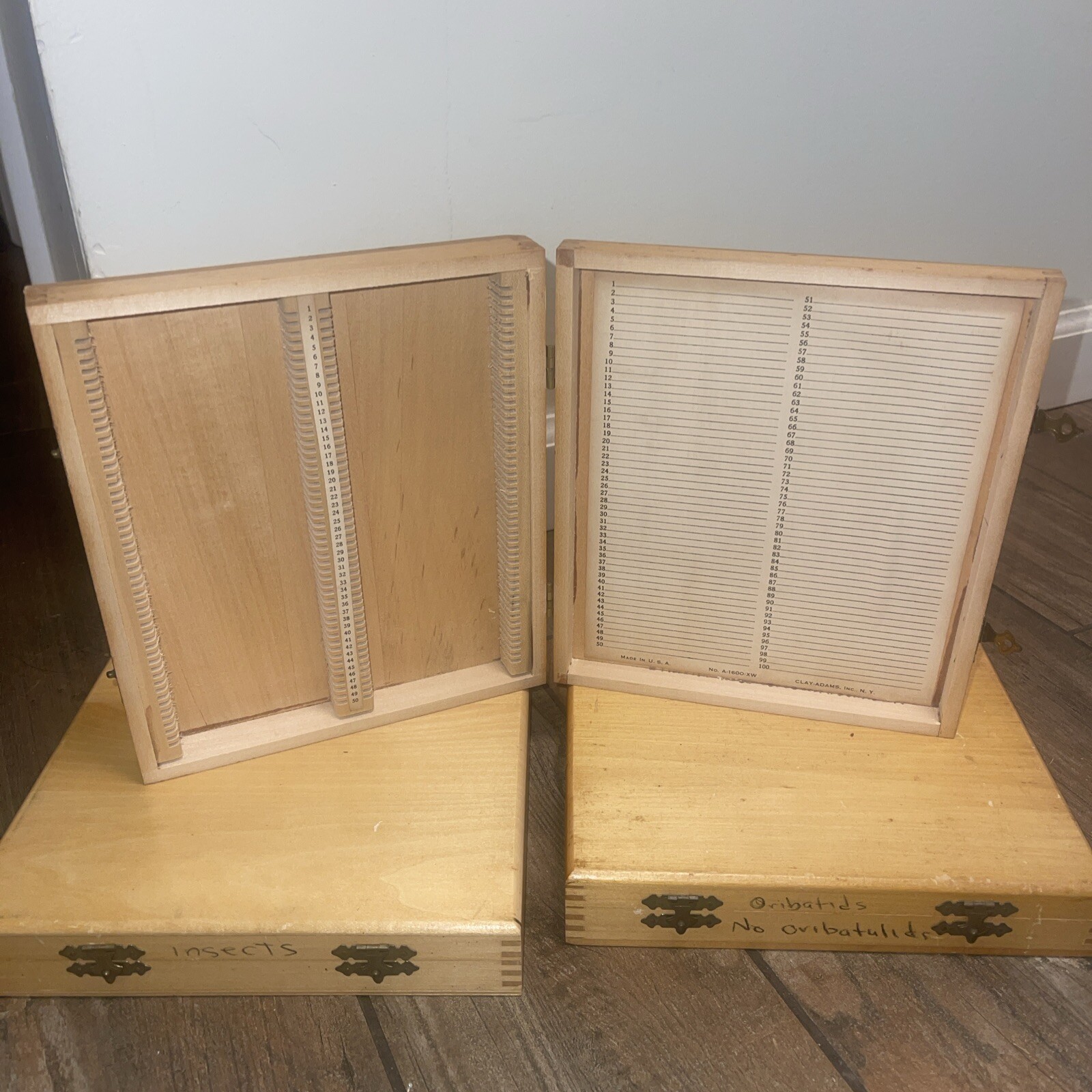 Lot Of 3 Vintage Clay-Adams Made In USA Wooden Slide Boxes A-1600 AW