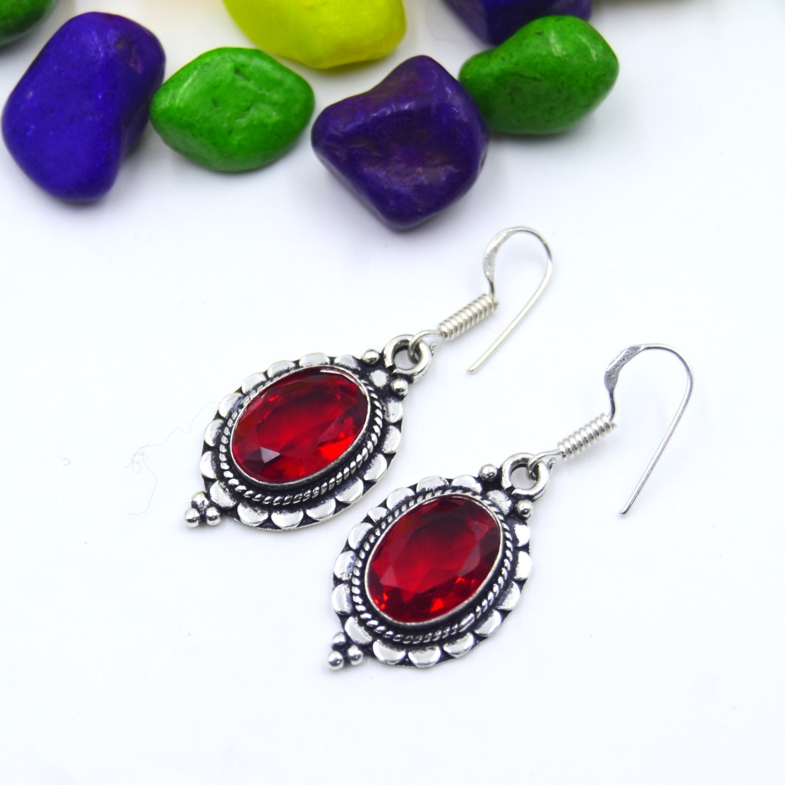 Red Garnet Gemstone Handmade 925 Sterling Silver Jewelry Earring Size-1.4"