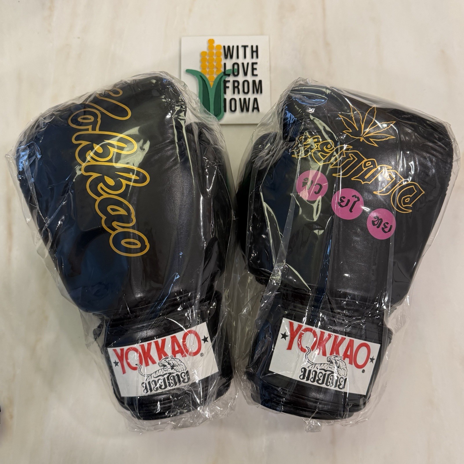 YOKKAO Muay Thai Boxing Gloves 14oz Black Gold Logo Leather Training Sparring