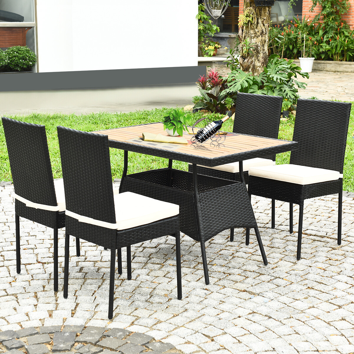 5 PCS Patio Rattan Dining Set Table w/Wood Top Cushioned Chars Garden Yard Deck