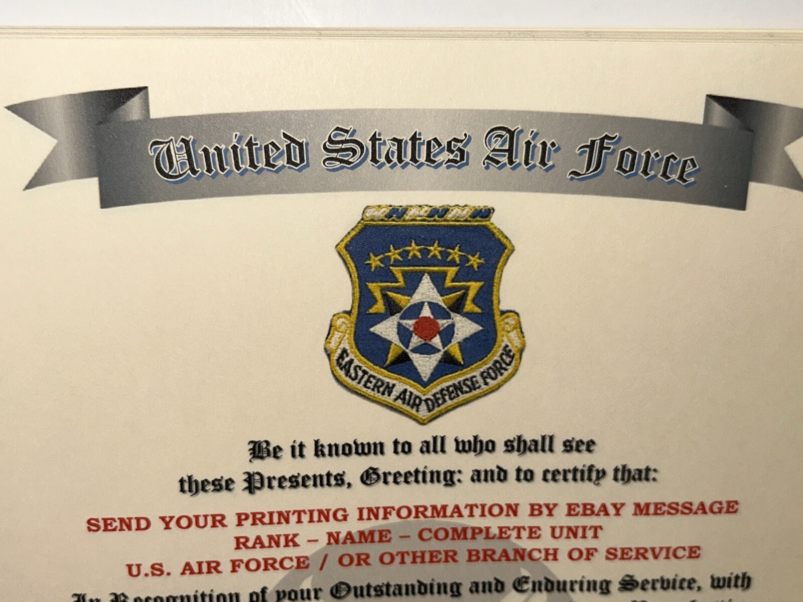 U.S.A.F. / AIR FORCE EASTERN AIR DEFENSE FORCE - CERTIFICATE OF COMMENDATION