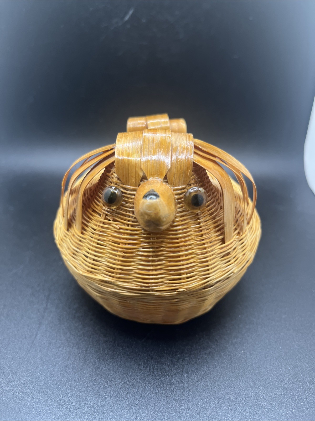 Vintage Wicker Dog Basket Wooden Nose Animal Country Boho Decor Glass Eyes 4”