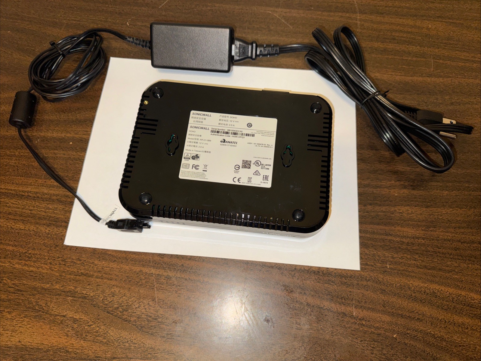 SONICWALL SOHO APL31-0B9 Network Firewall & Power Cord