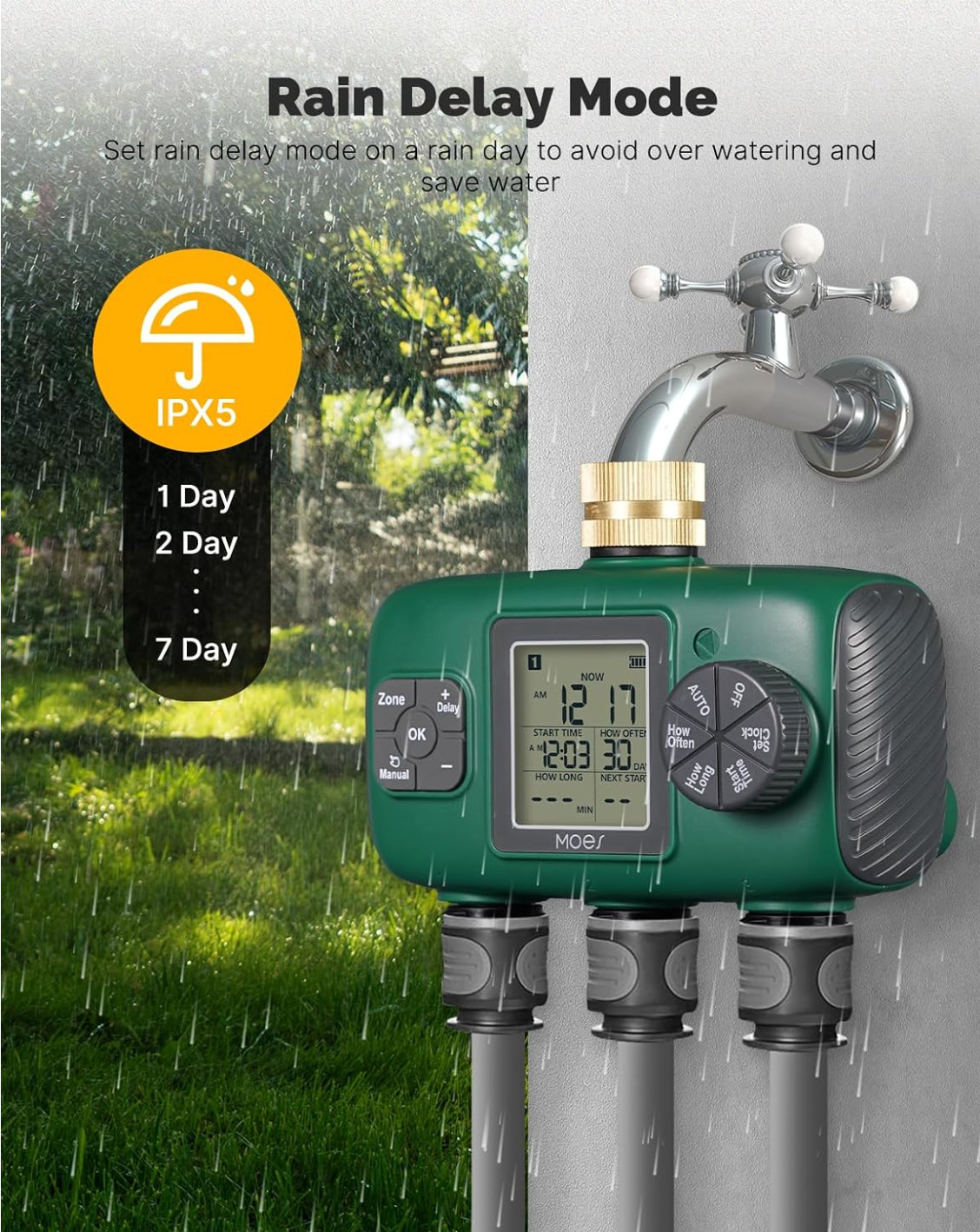 MOES 3 Outlet Sprinkler Timer, Brass Inlet, Programmable Automatic Irrigation Co