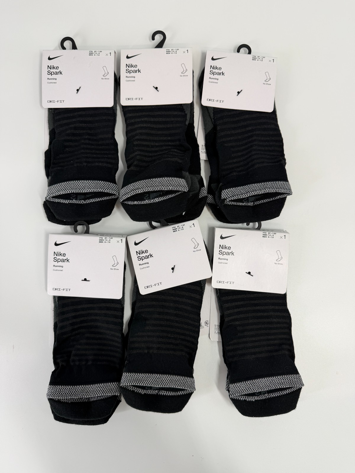 6 Pairs Nike Spark Cushioned No Show Running Socks Black Womens 7.5-9 CU7201-010