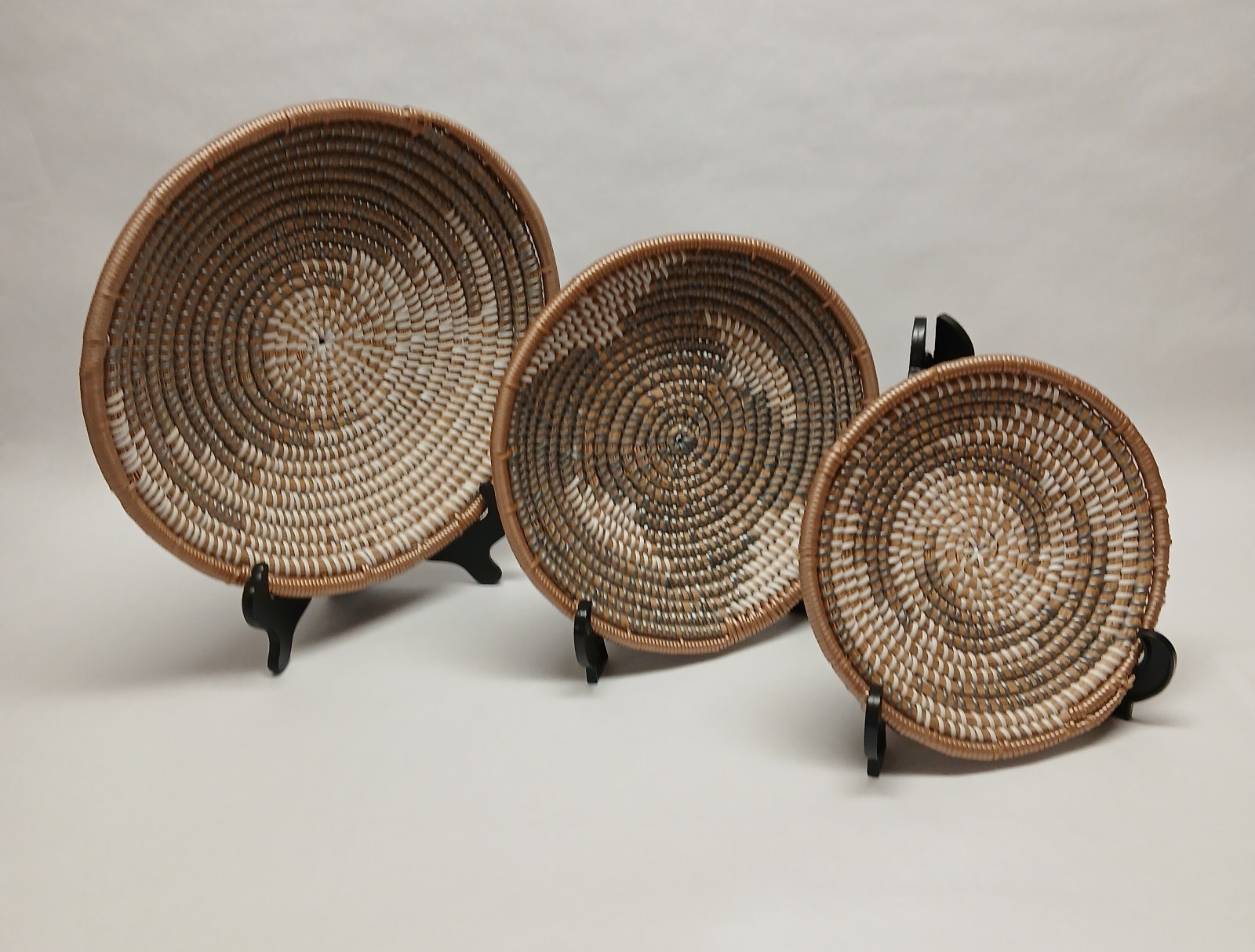 3 Piece Lot of Boho Round Wall Basket Decor, Seagrass Rattan Wicker Gallery Wall