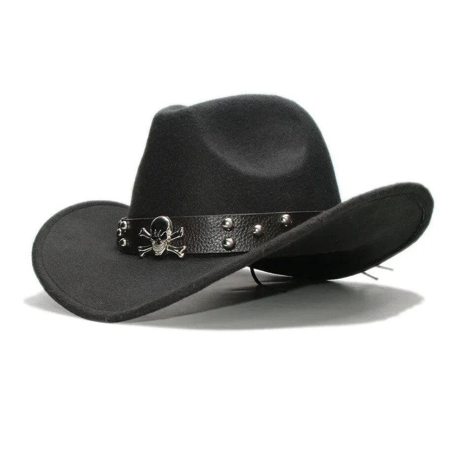Black Western Skull Cowboy, Cowgirl Hat, Skull Strap, Men Women Retro Wide Brim