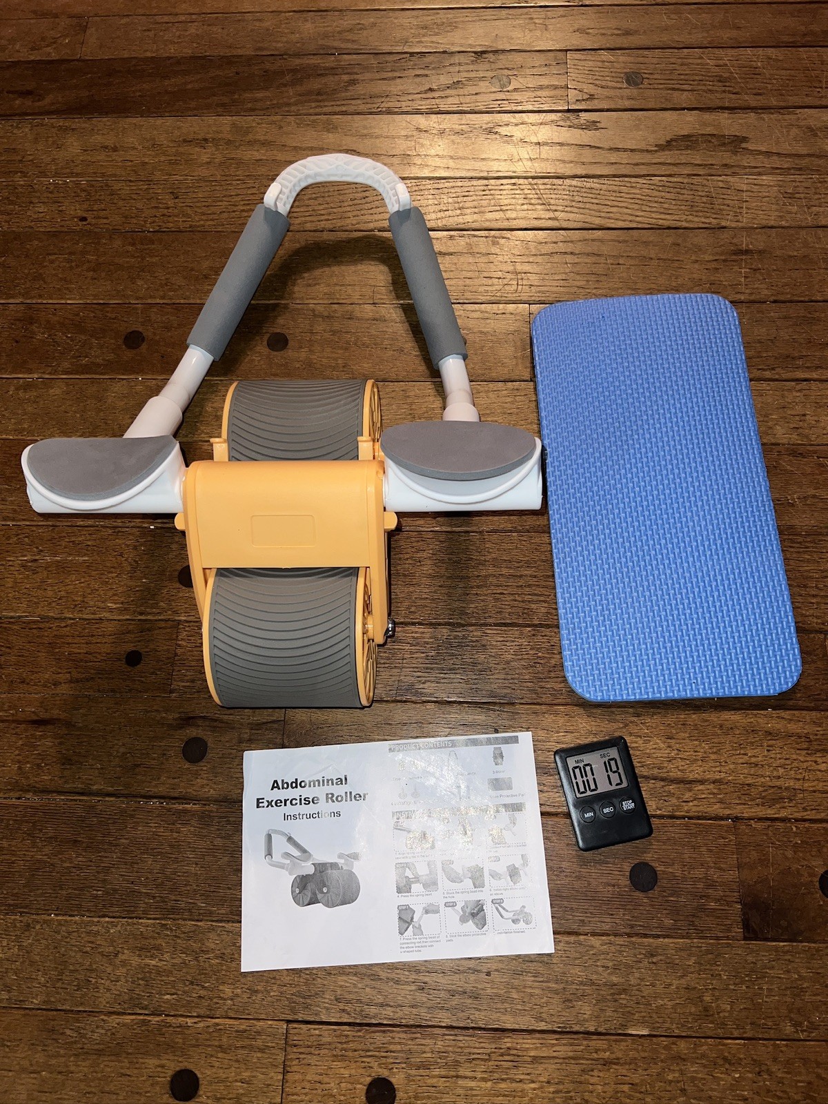 Ab Roller w Timer Double Wheel White Arm Support Foam Handles Ab Exercise Roller