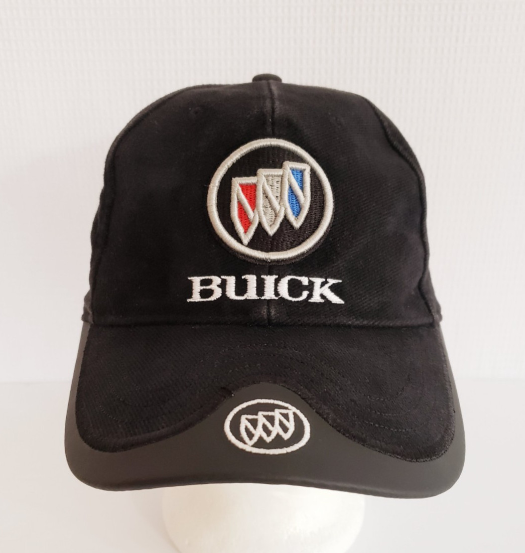 Buick Hat Cap Tri Shield Logo Leather Brim Black Denim Strap Back GM Licensed