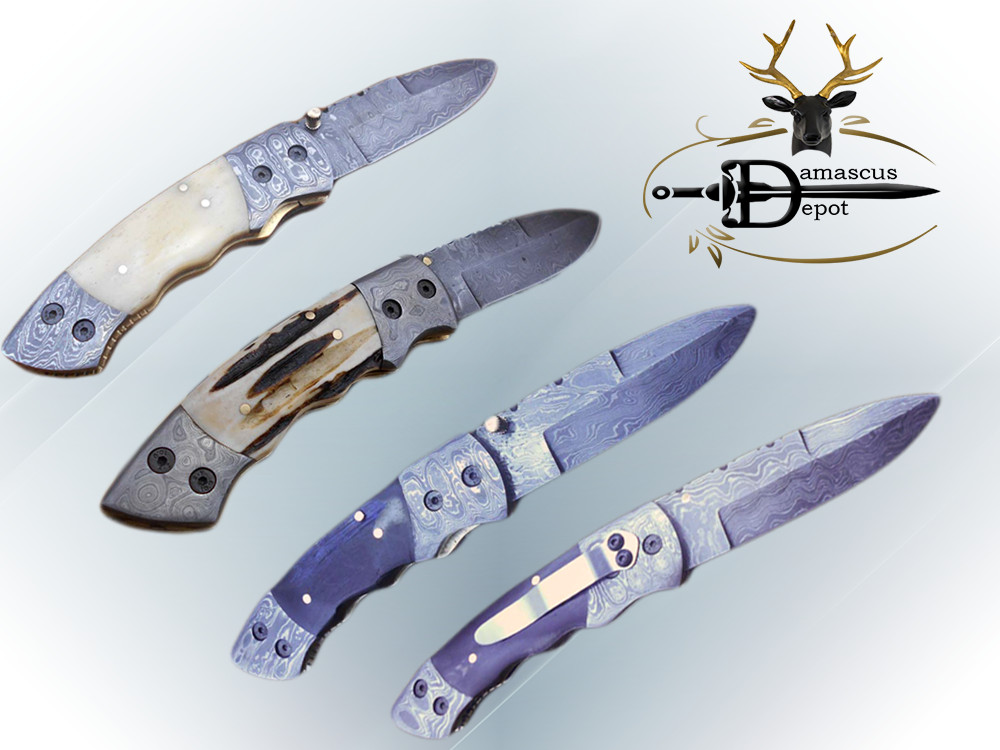 Damascus steel folding knife with liner lock, knob, sheath, 2 Bolsters, 5 scales