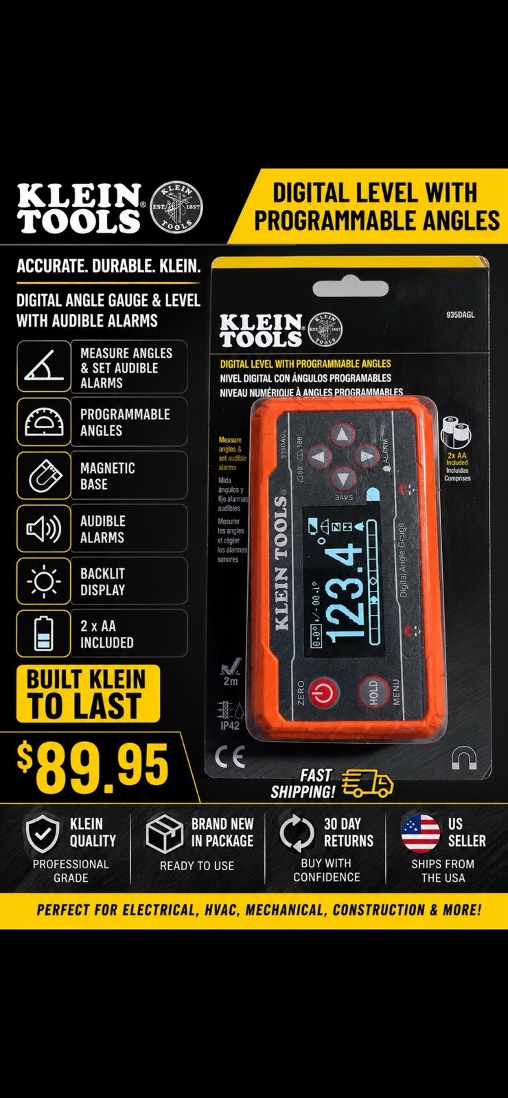 Klein Tools Digital Level Angle Gauge Magnetic Programmable NEW 935DAGL