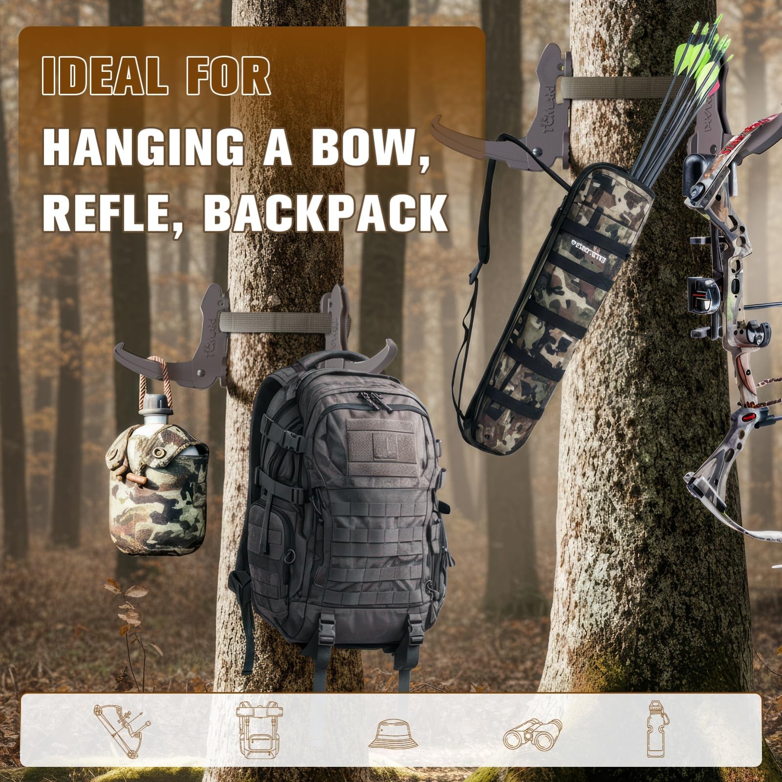 Saddle Hunting Bow Hanger Hook - Adjustable Bow Hangers, Tree Accessories, Strap