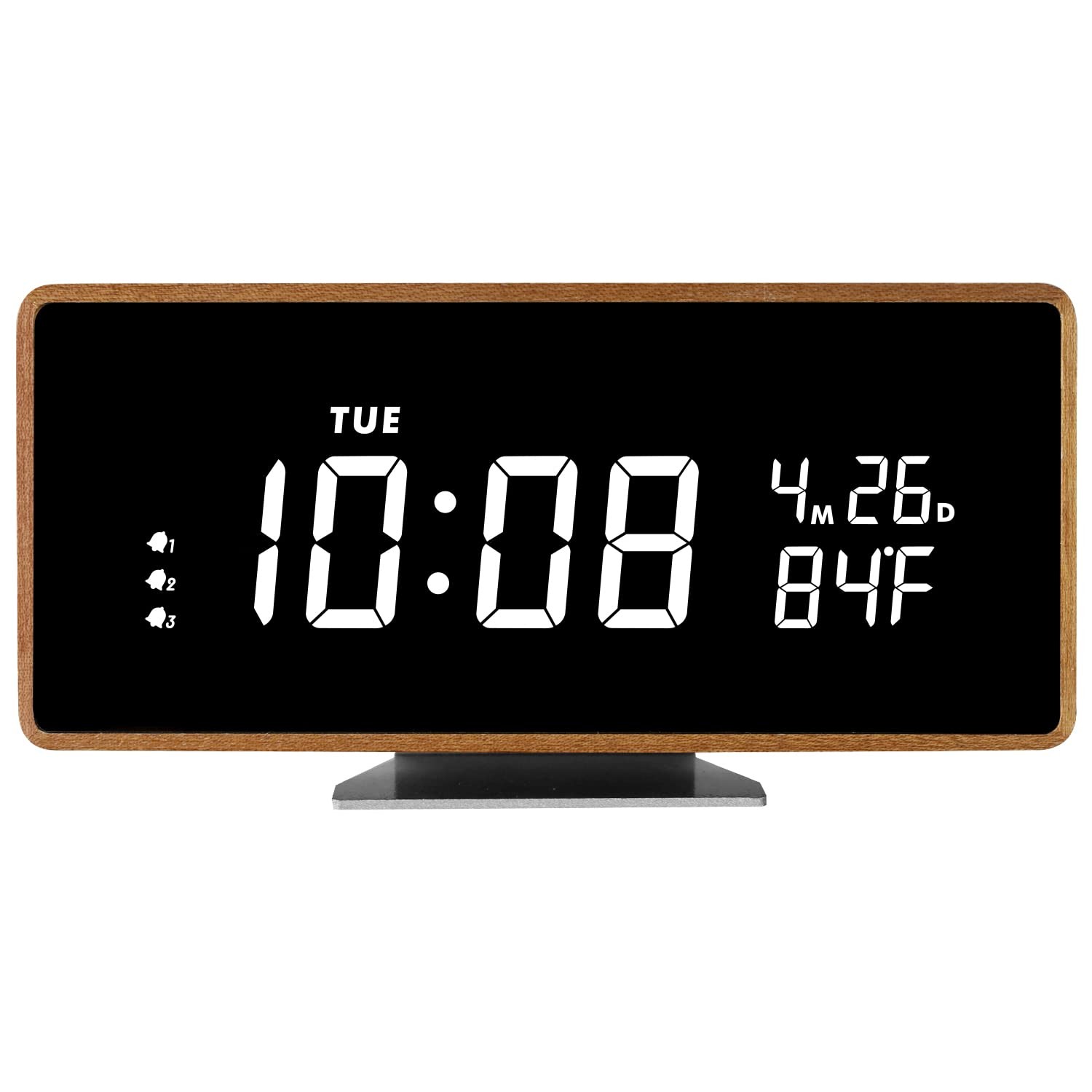 Wooden Digital Alarm Clock with Bluetooth Speaker Temperature Date Smart Elec...