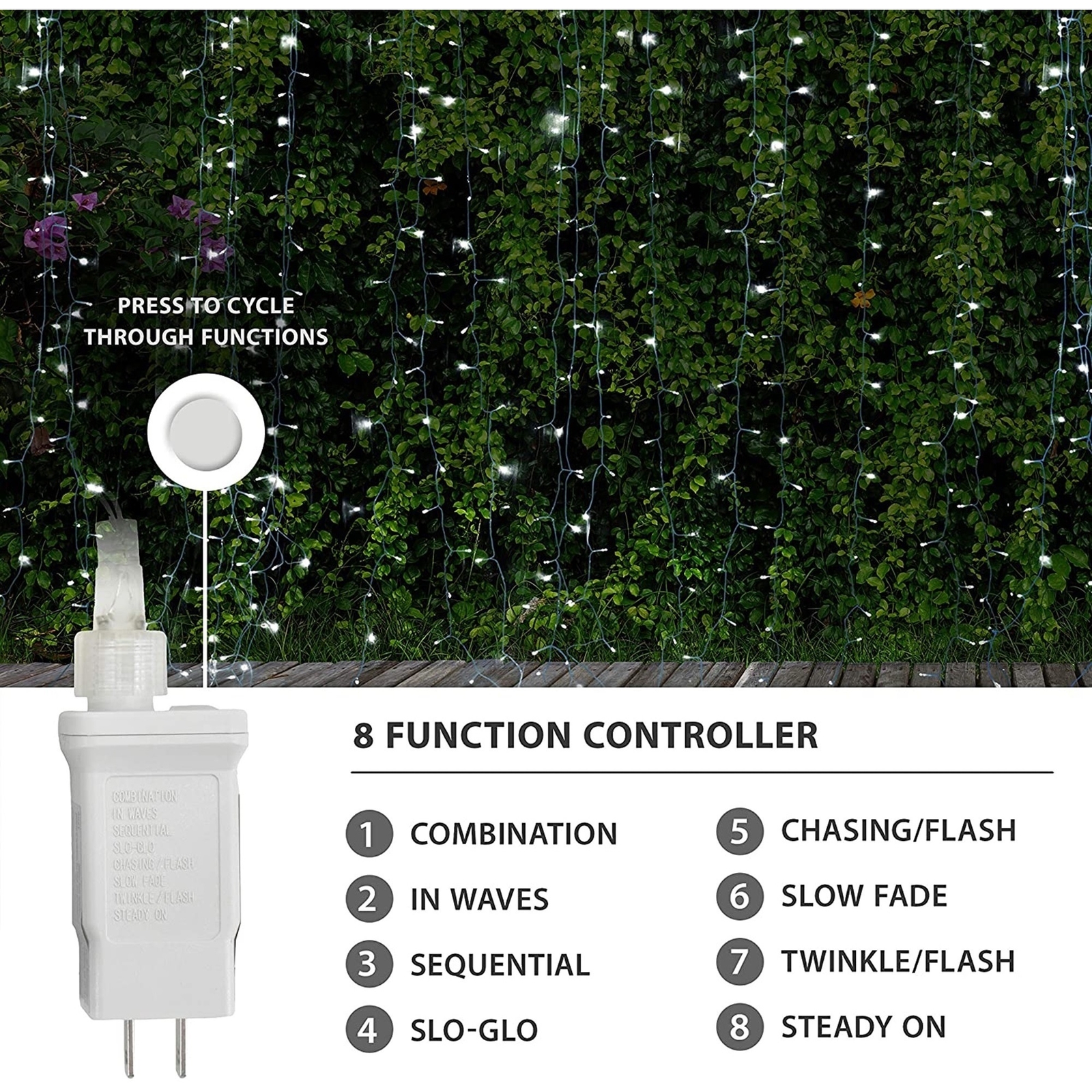 Product Works 8 Function, String Light Curtain, 600 Warm White Micro Bulbs, 20'