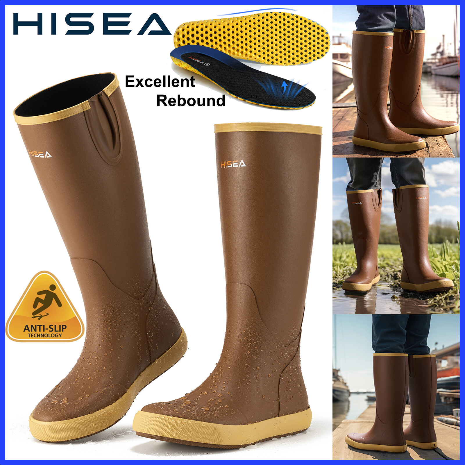 HISEA Men Fishing Deck Boot Waterproof Non-Slip Arch Support Rain Work Knee Boot