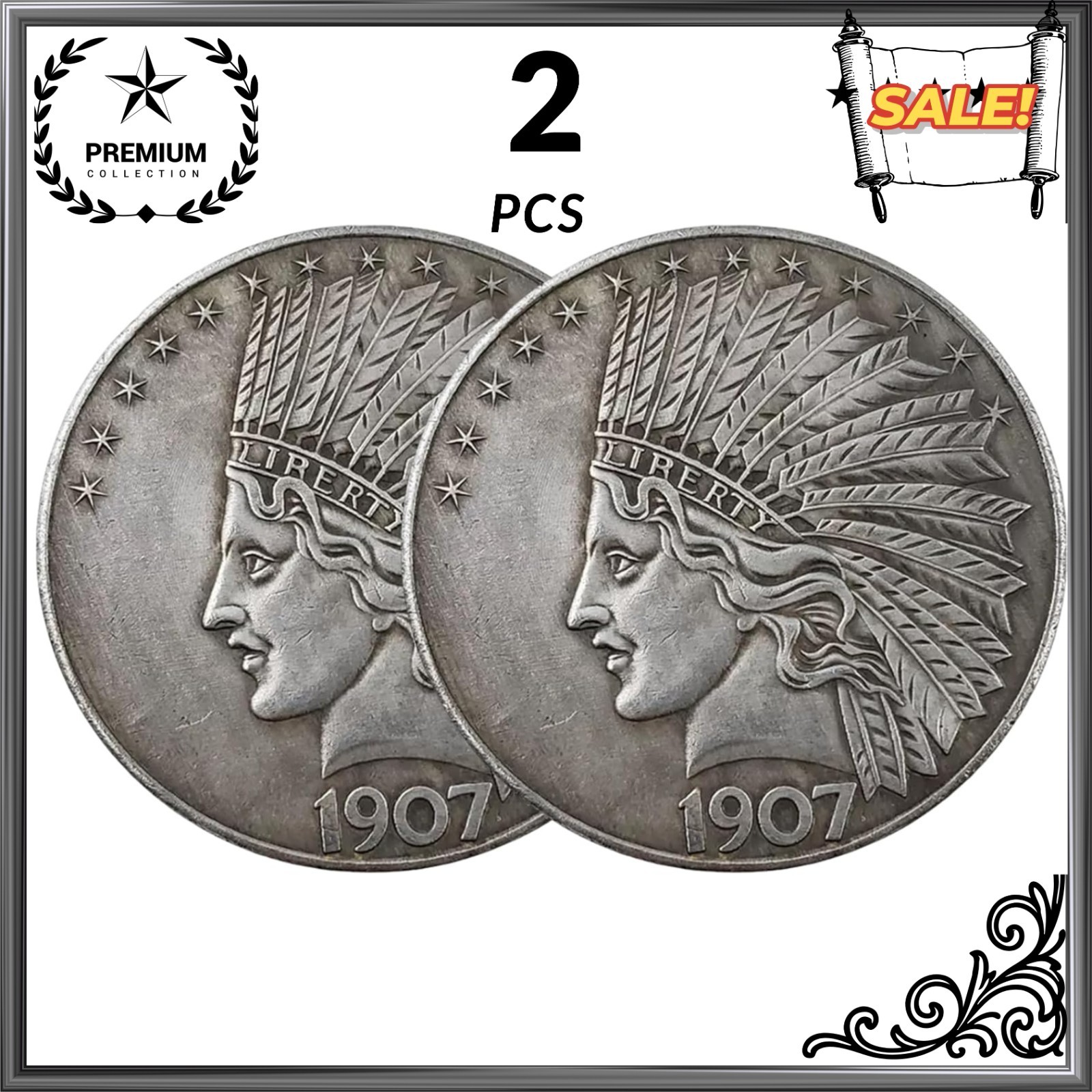 1907 Indian Head $10 Liberty Coin Replica Antique Gold Tone MORGAN DOLLARS 2PCS.