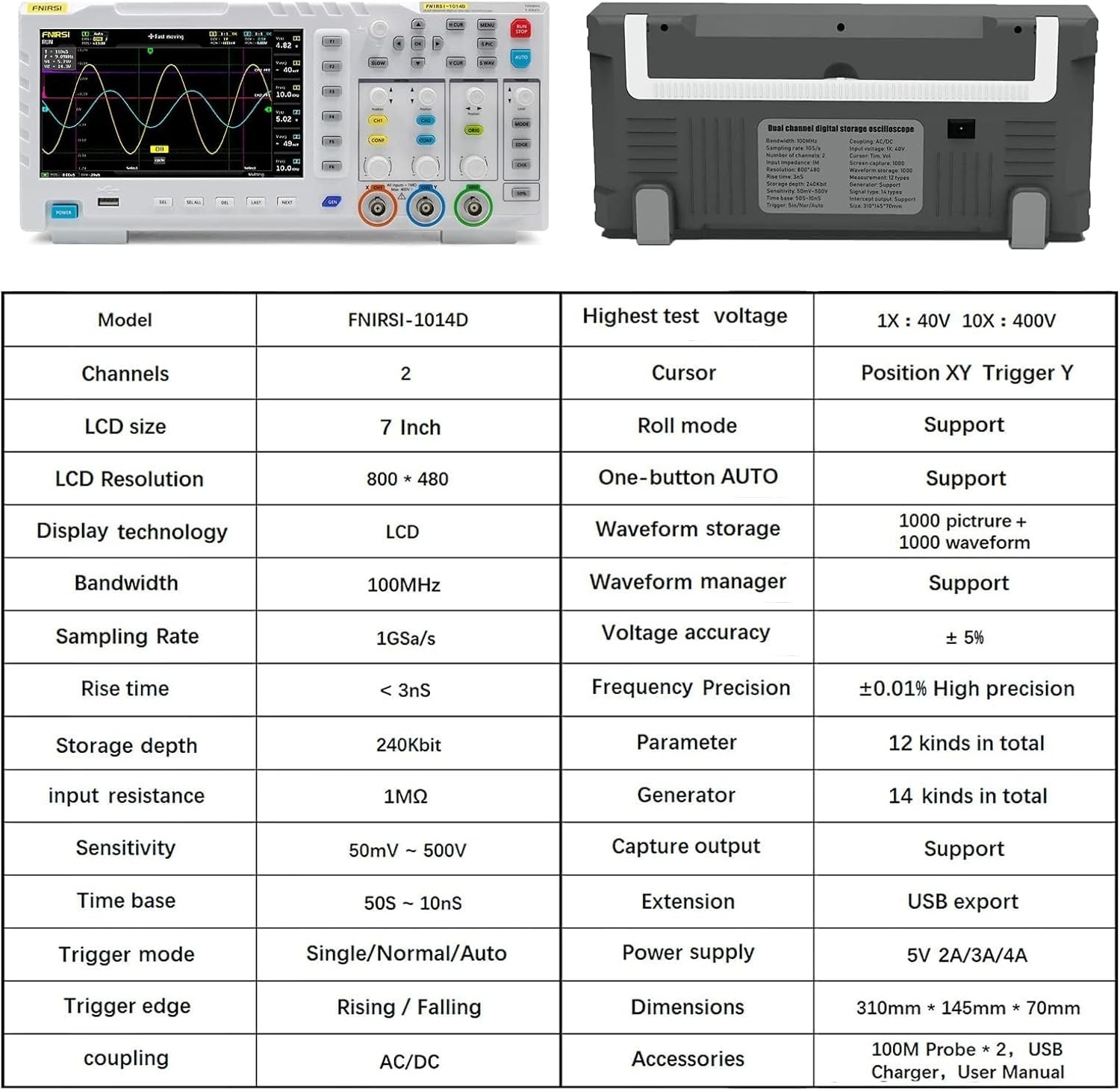 Real-Time Sampling Oscilloscope, 100MHz Bandwidth, Cursor Measurement Function
