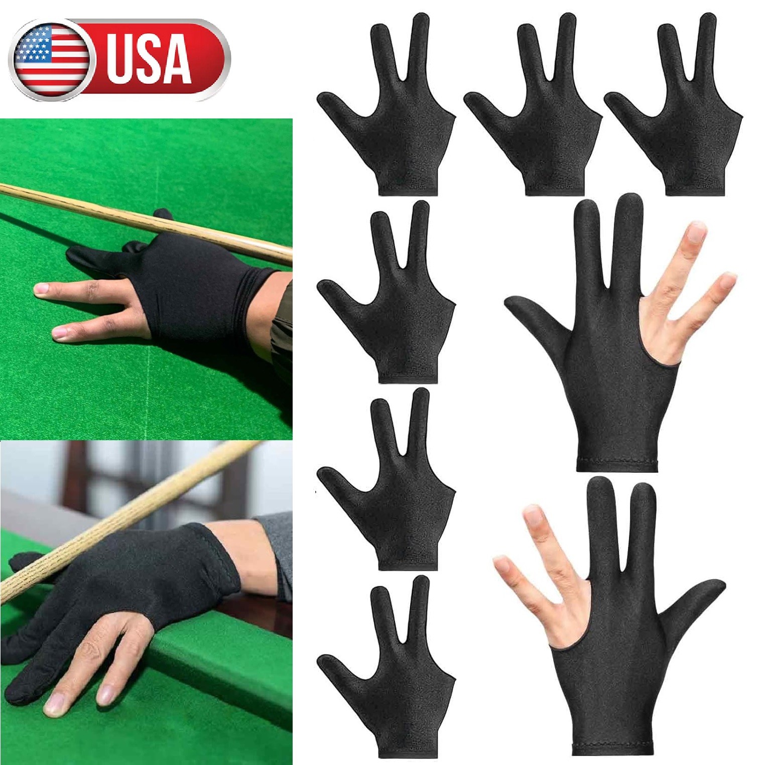 5-10× Sports Billiard Gloves Soft 3 Fingers Left/Right Hand Show Pool Cue Gloves