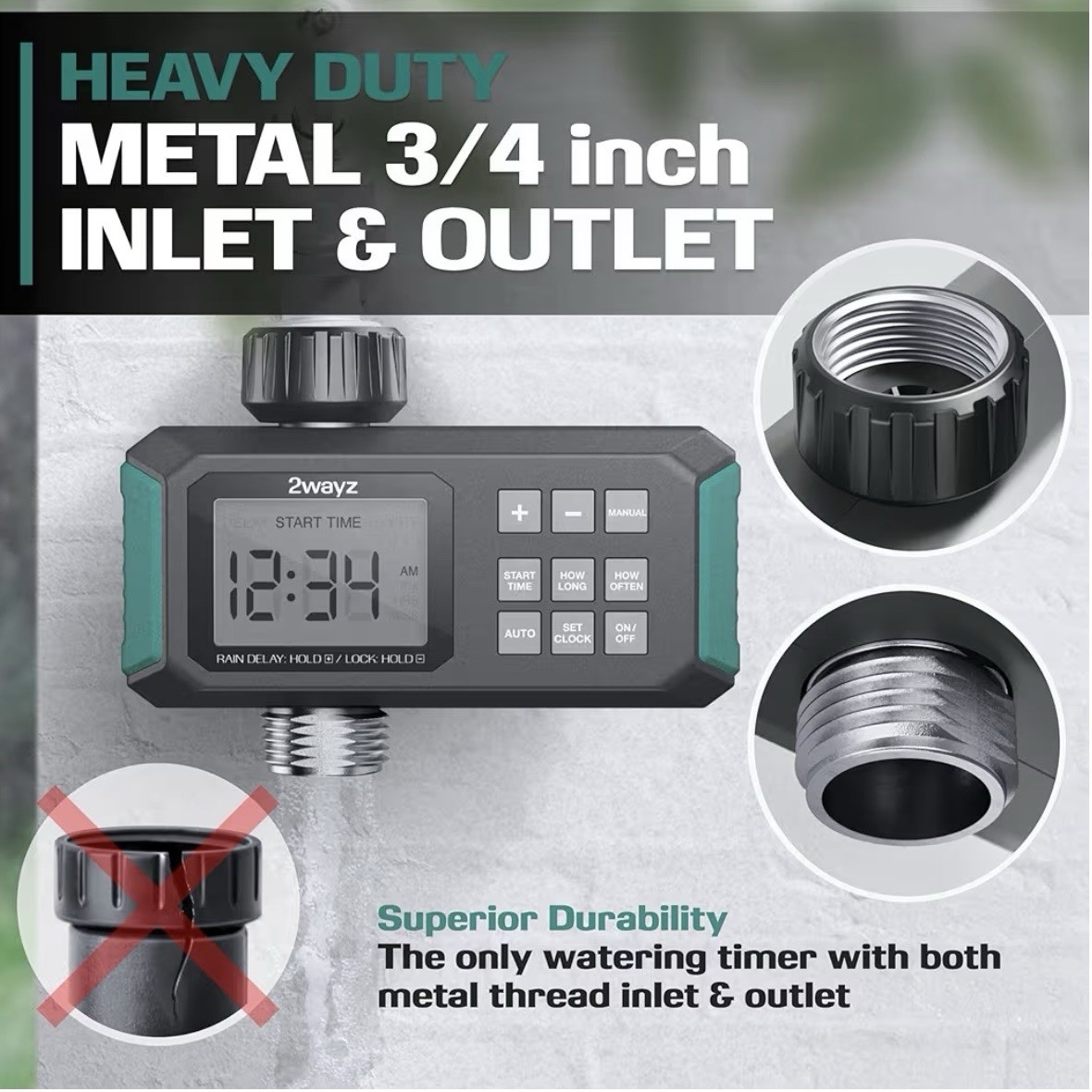 Water Timer Hose Sprinkler Controller 3/4” Auto Irrigation Rain Delay 2Wayz