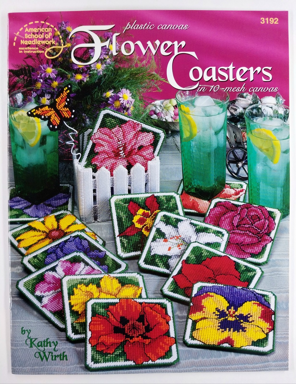 Plastic Canvas Flower Coasters With Picket Fence Holder ASN 3192 Pattern