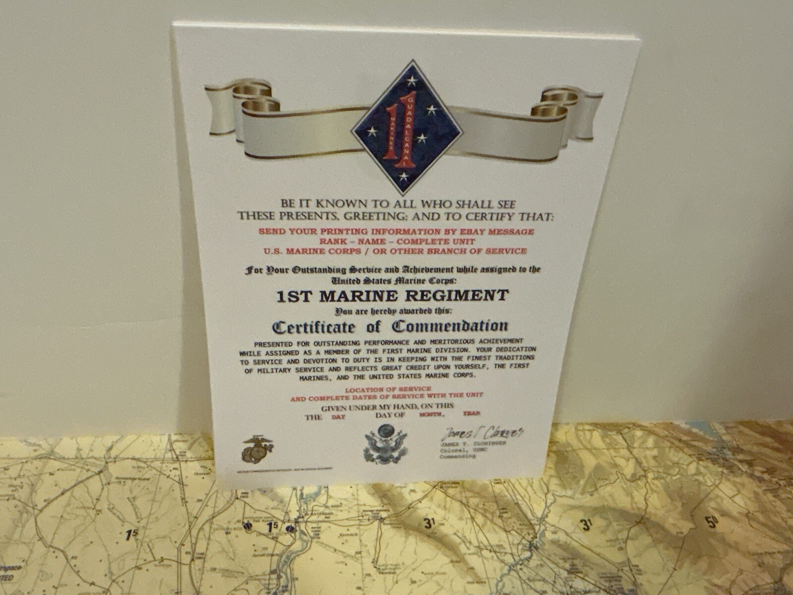 U.S. MARINE CORPS / 1ST MARINE REGIMENT (1 MARDIV) - CERTIFICATE OF COMMENDATION