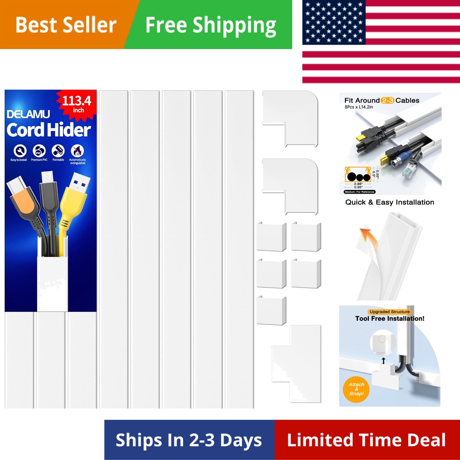 Cord Covers for Wires on Wall, 113.4in TV Cord Hider, Self-adhesive Cable Hid...