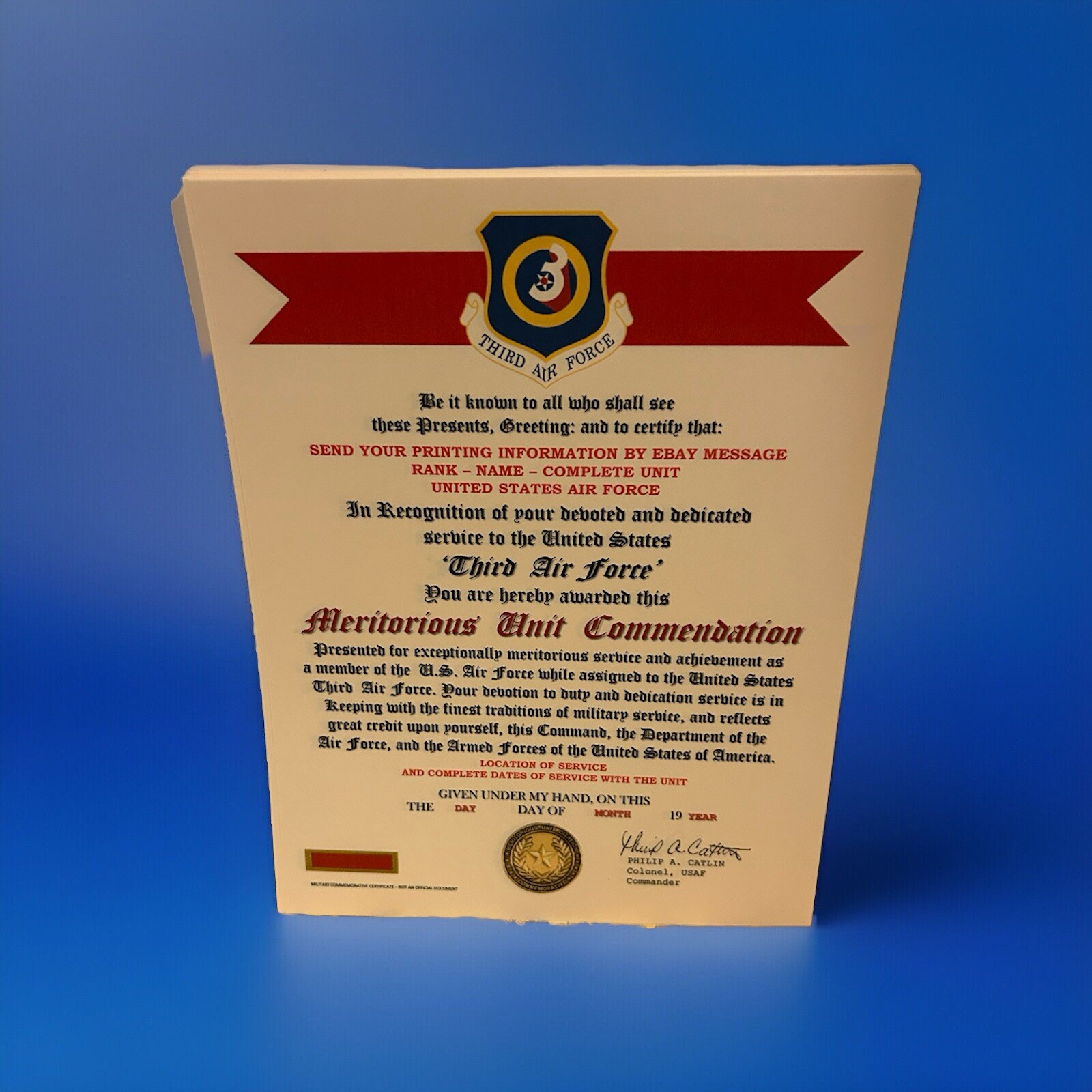 U.S. AIR FORCE / 3RD AIR FORCE - MERITORIOUS UNIT COMMENDATION CERTIFICATE