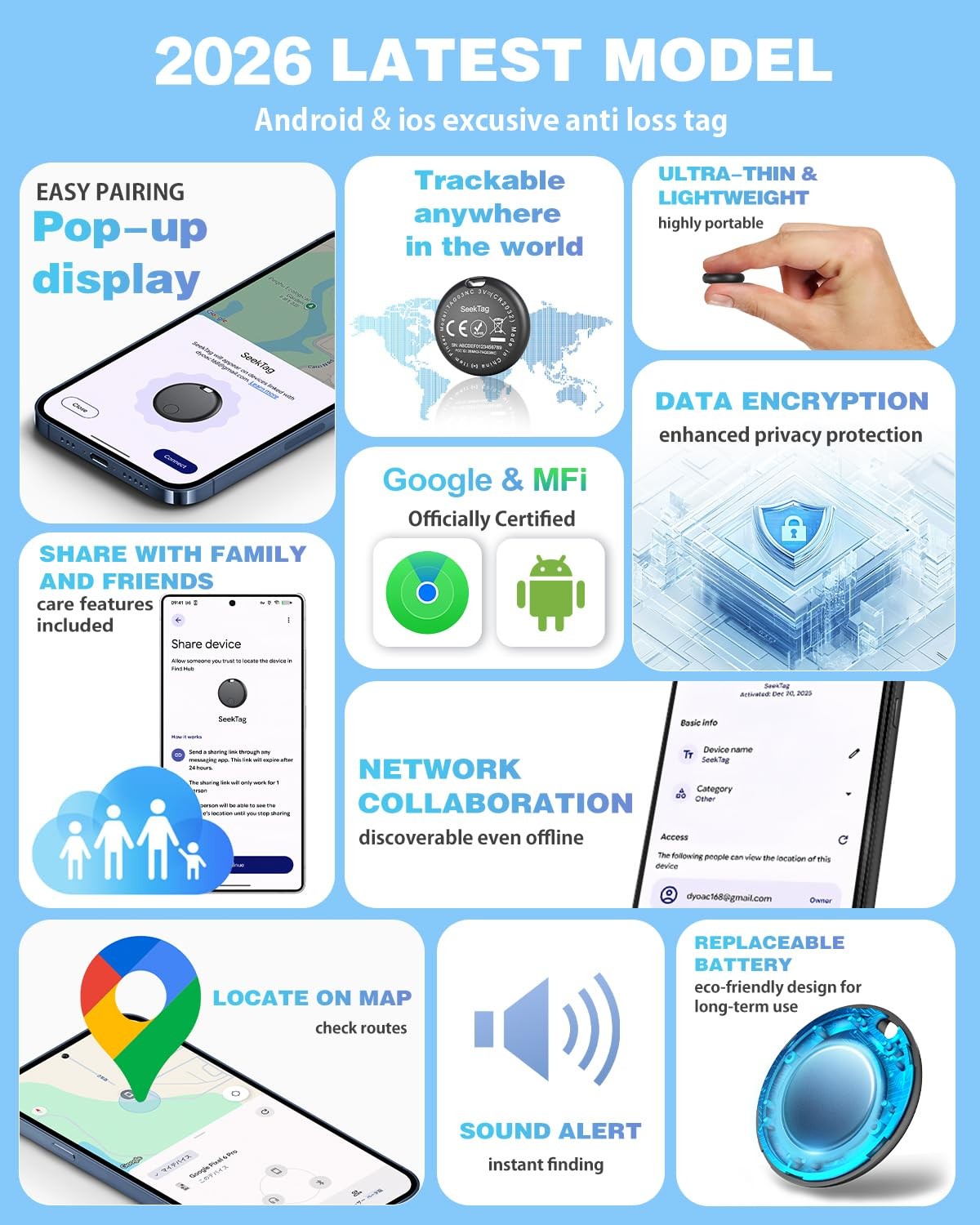Air Tags for Android - 4 Pack, IP65 Waterproof, Global Cloud Positioning