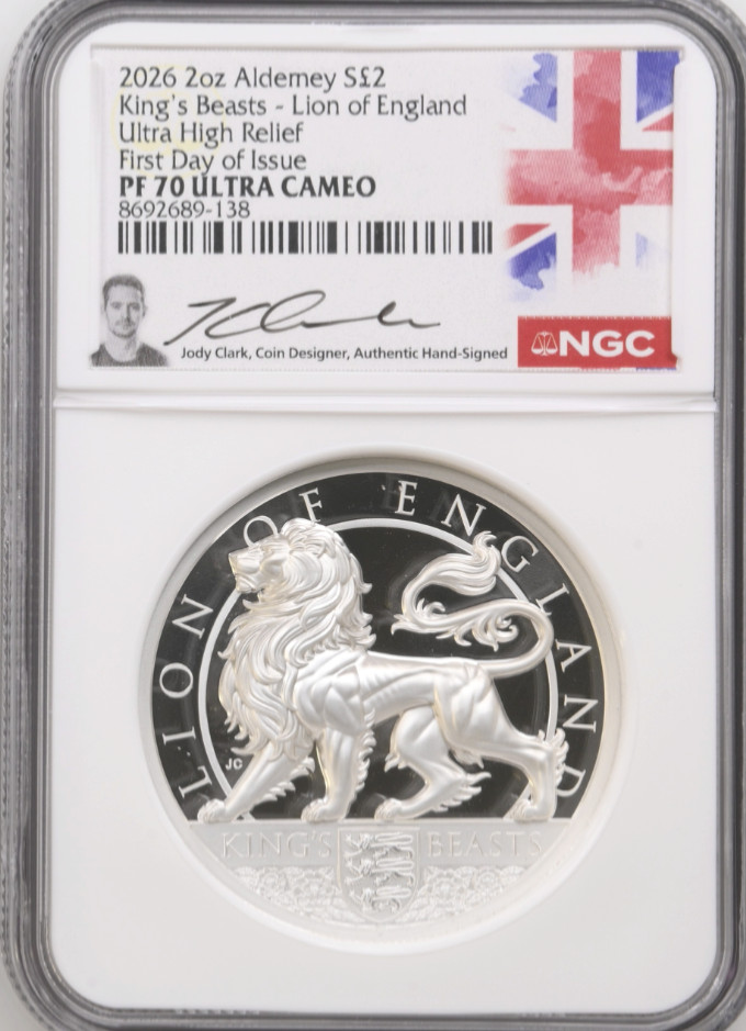 2026 Alderney UK £2 LION OF ENGLAND 2 Oz Kings Beasts UHR  NGC PF70 FDOI 🇬🇧
